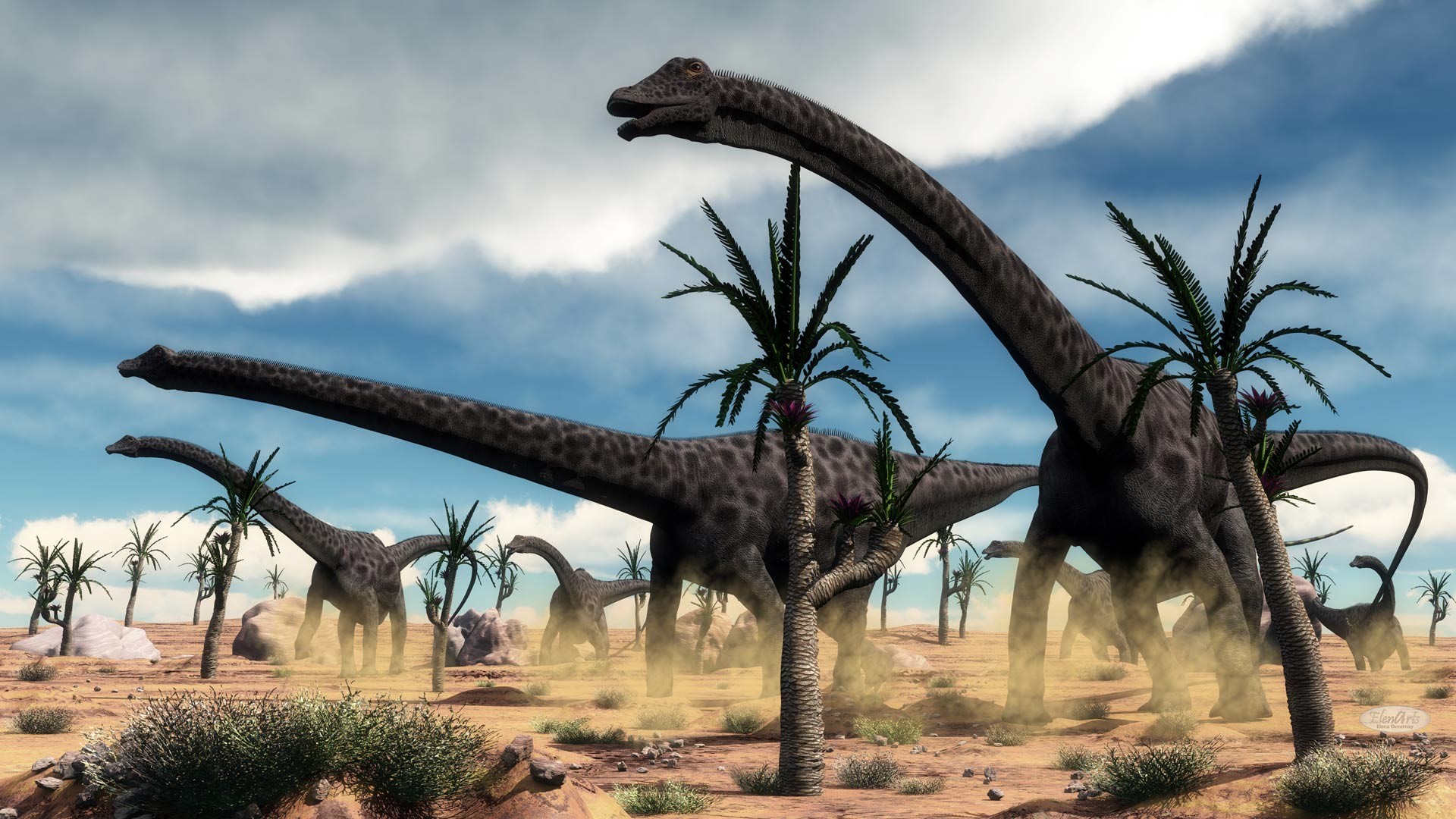 1920x1080 Diplodocus dinosaurs herd in the desert – 3D render
