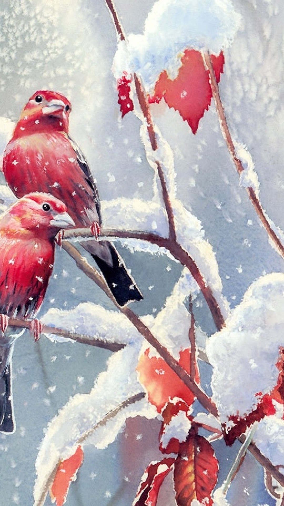 1080x1920  Red Birds Snow Branches Leaves