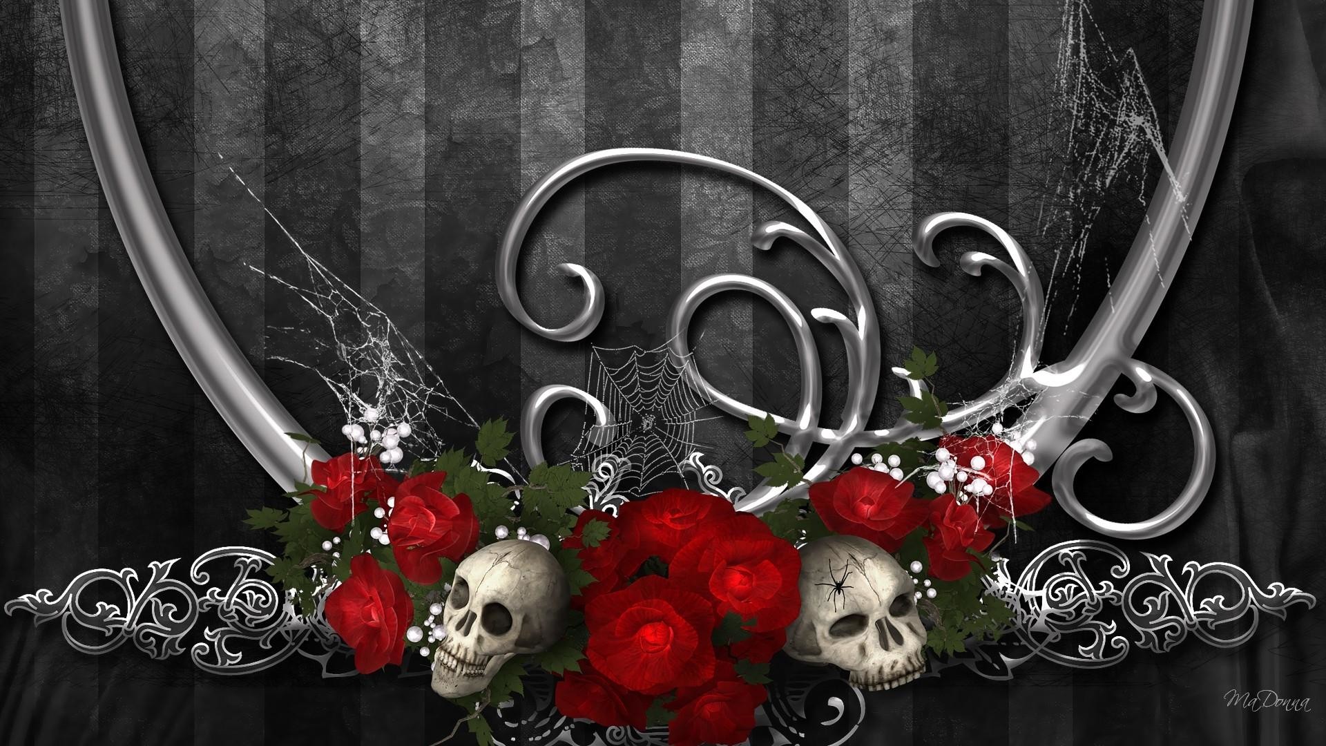 1920x1080 Dark Gothic Red Flower Artistic Skull Rose Design Wallpaper