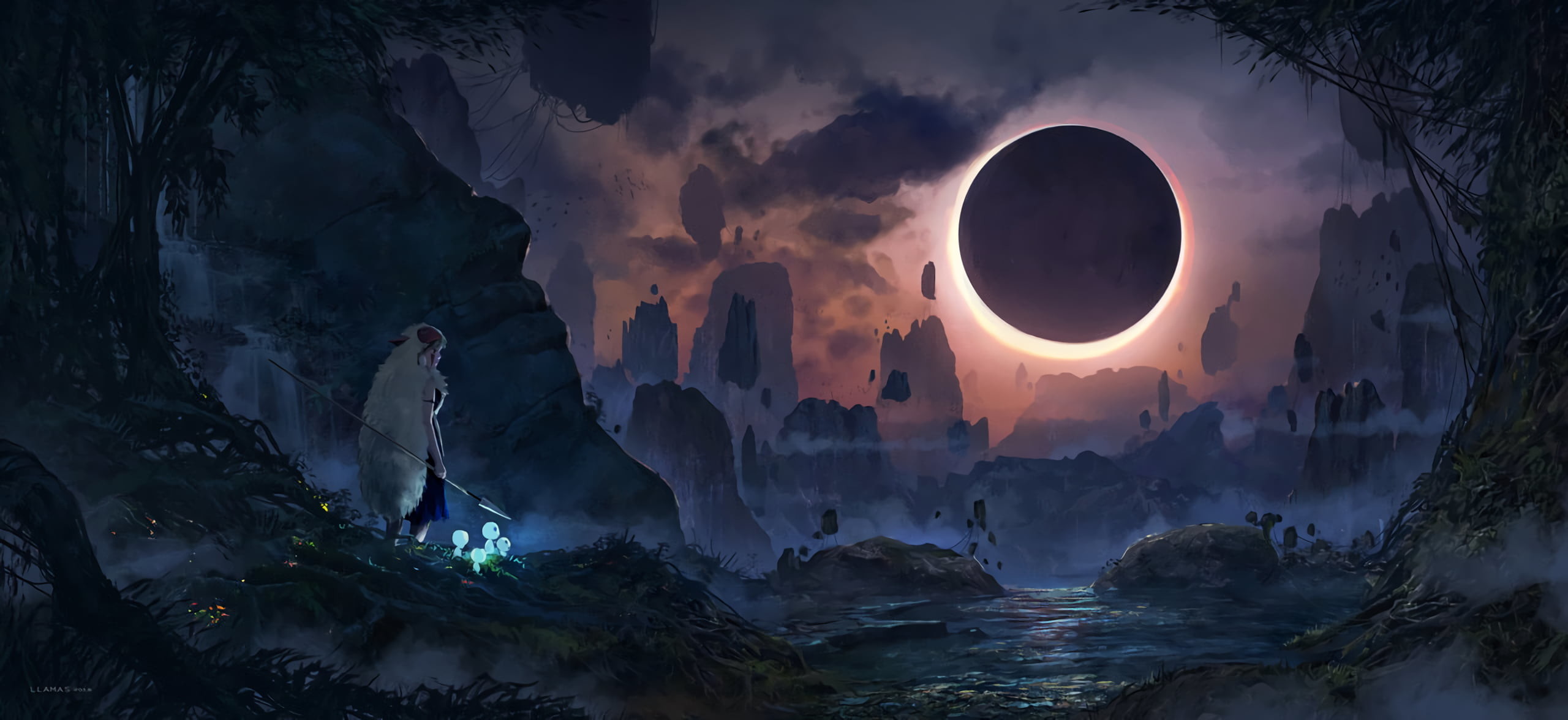 2560x1176 Eclipse wallpaper, Princess Mononoke, Studio Ghibli, lunar eclipses HD  wallpaper