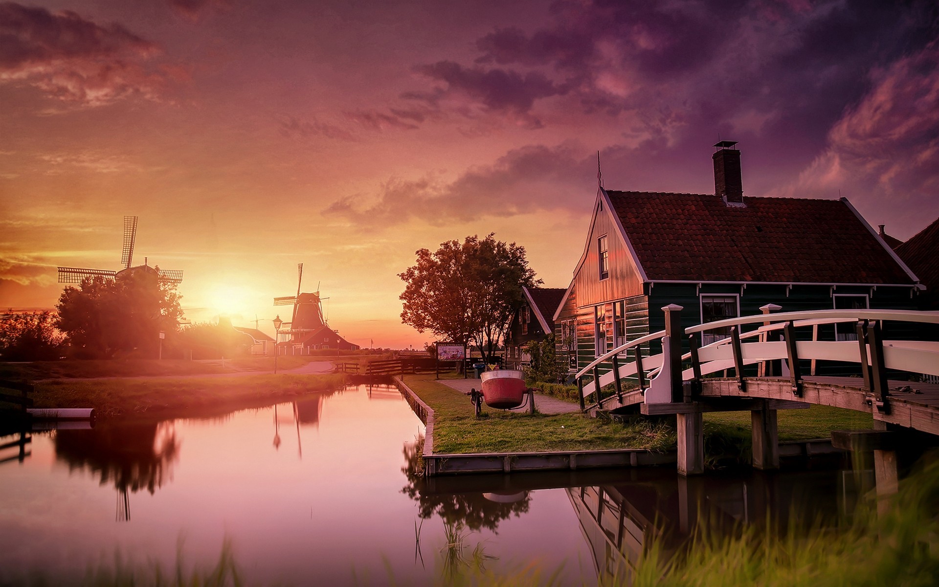1920x1200 Nature, Landscape, Netherlands, Sunset, Windmills, Canal, Bridge, Water,