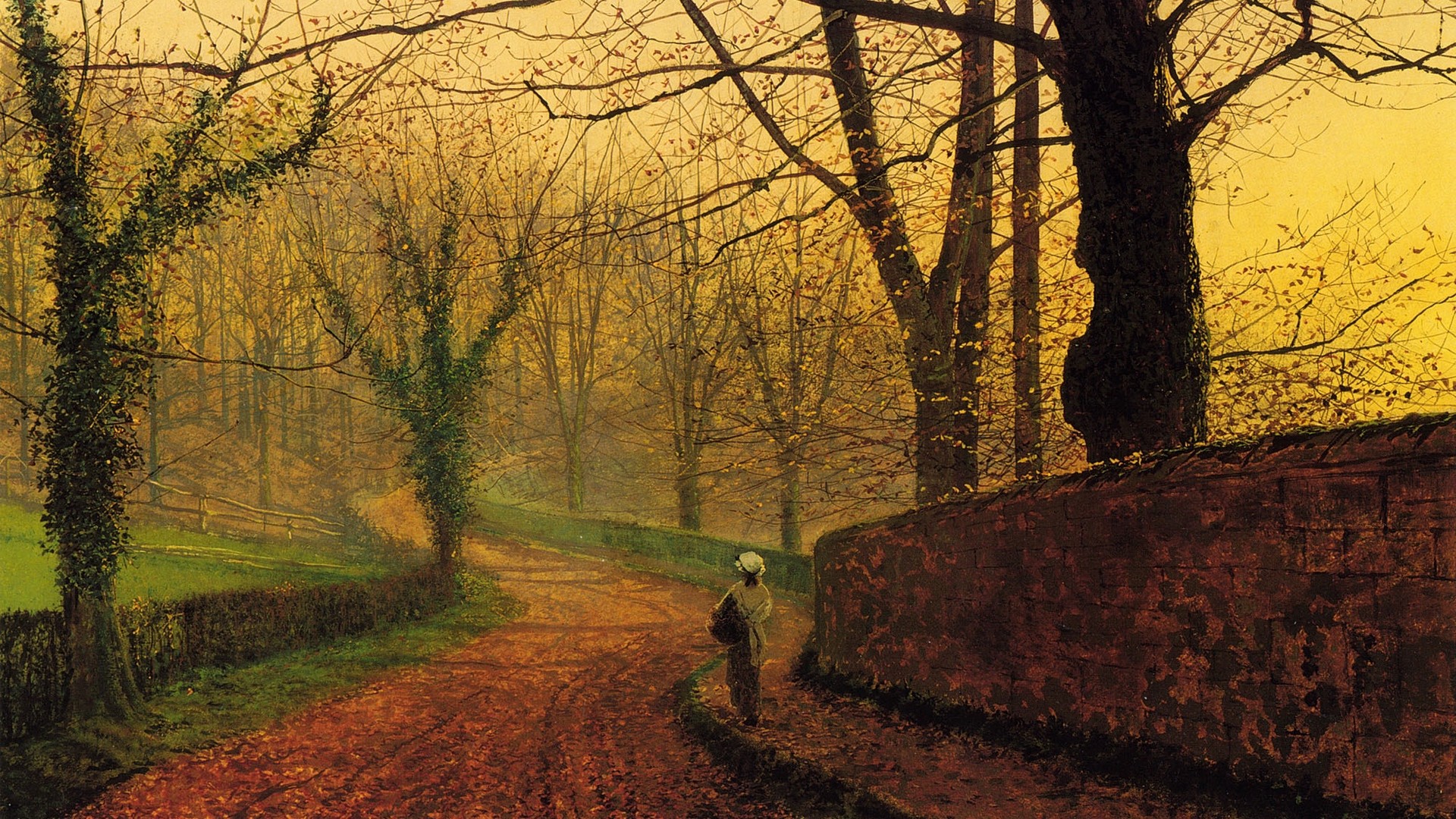 1920x1080  Wallpaper painting, art, canvas, autumn, road, girl, trees,