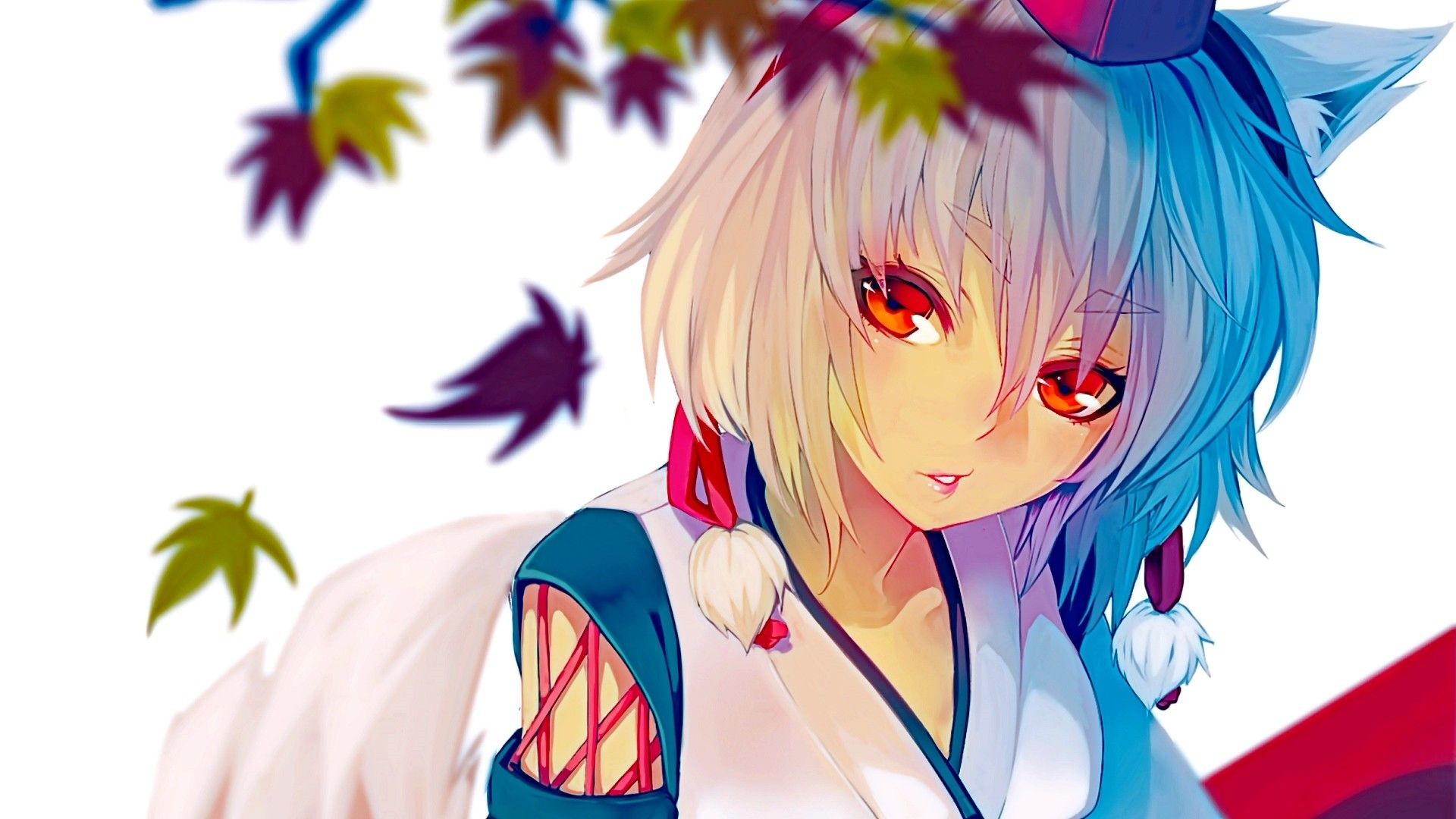 1920x1080 beautiful wolf-girl / cat-girl with white hair and red eyes