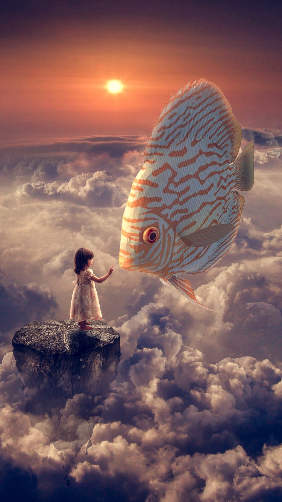 1080x1920 Fantasy Girl Fish Clouds Sky iPhone 8 wallpaper