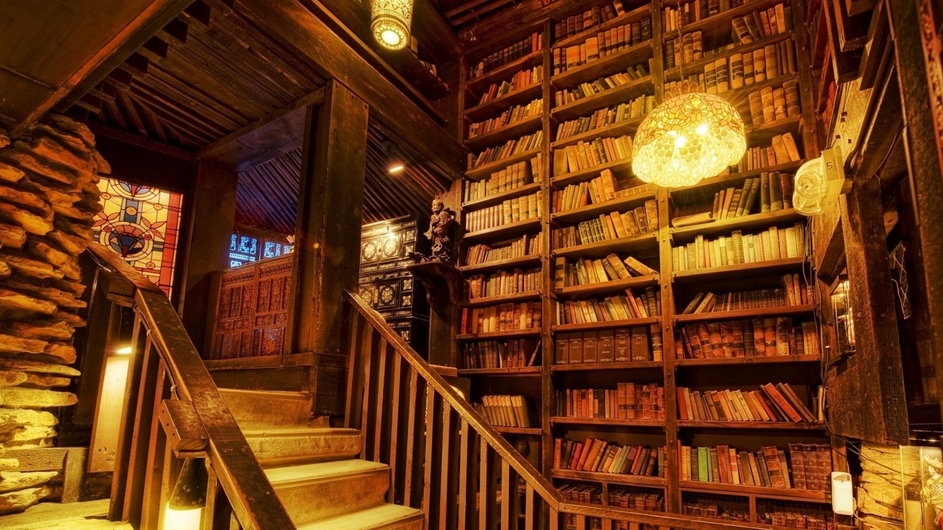 1920x1080  Wallpaper lamps, books, library