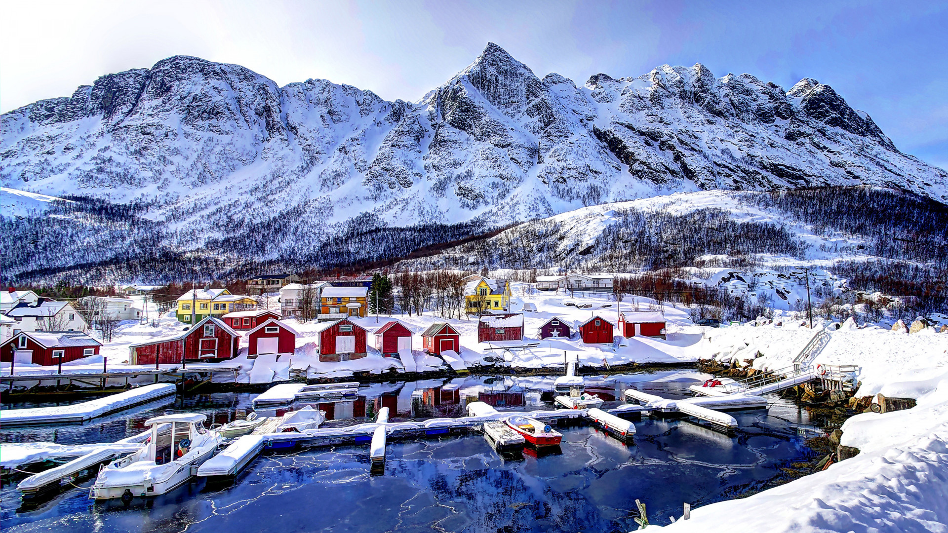 1920x1080 Preview wallpaper norway, mountains, buildings, bay, winter, snow 
