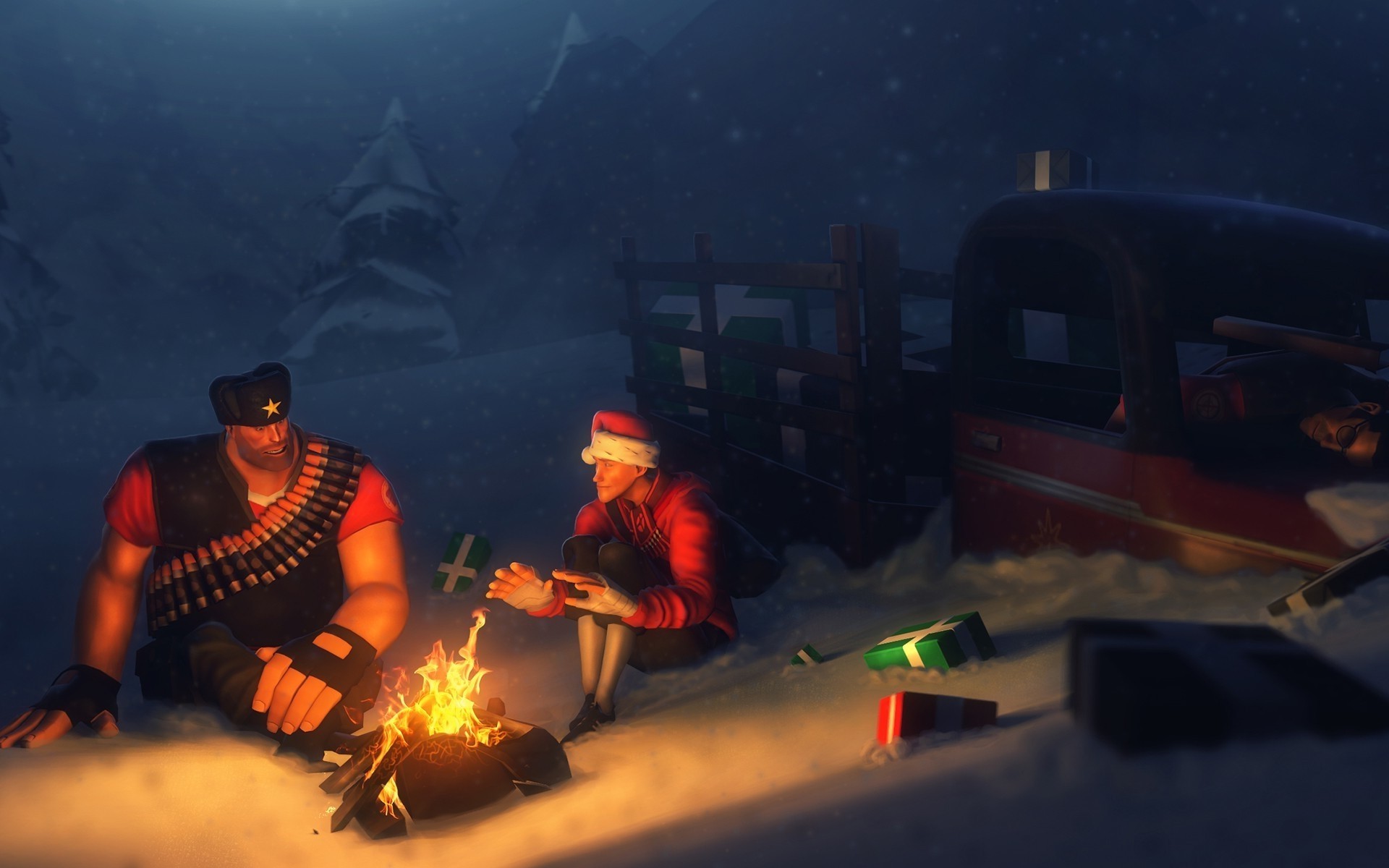 1920x1200 ... Digital Art, Team Fortress 2, Fire, Camping, Presents, Happy New Year,  Truck, Heavy, Snow, Campfire Wallpapers HD / Desktop and Mobile Backgrounds