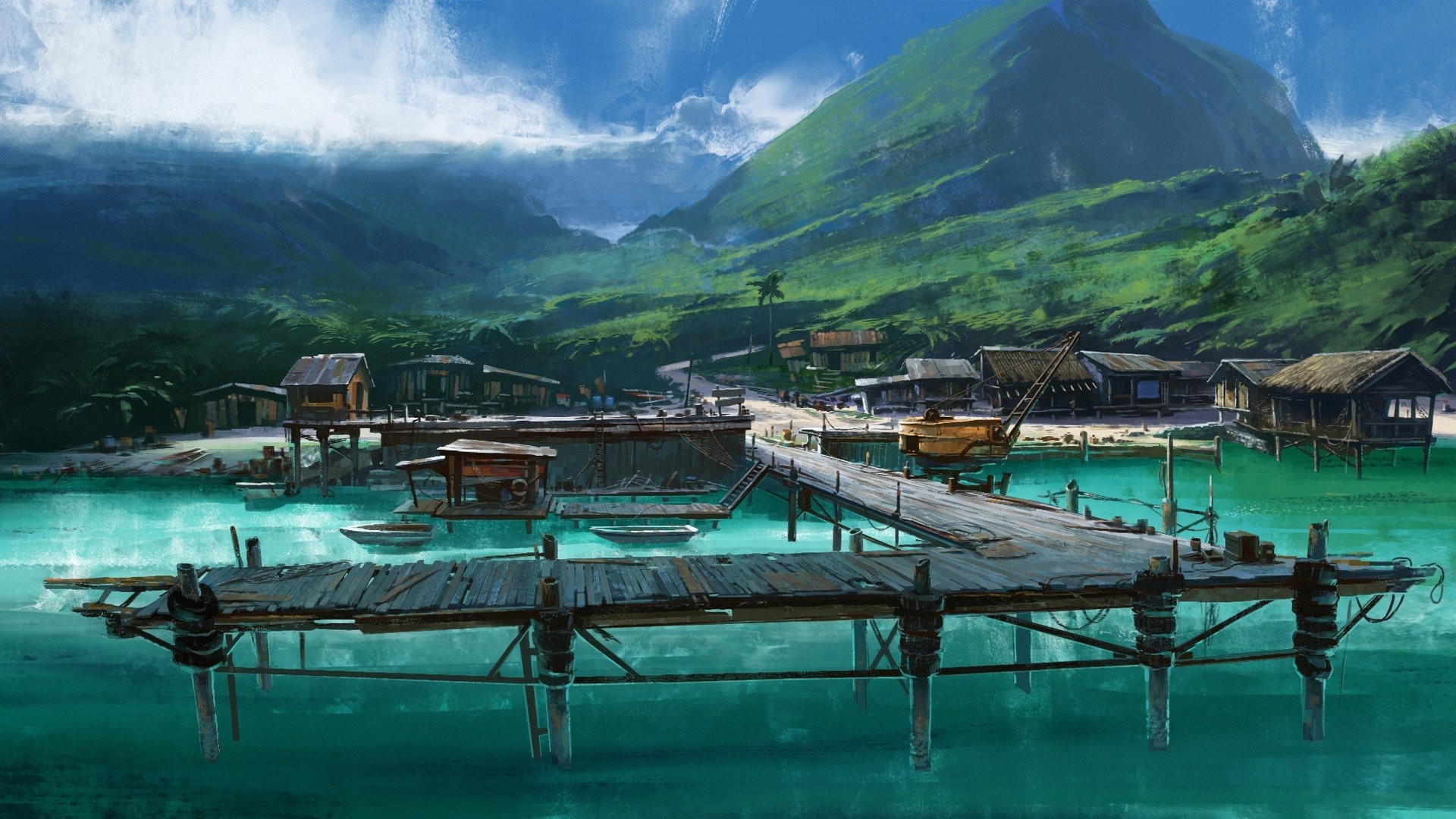 1920x1080 Artwork Boats Dock Drawings Far Cry 3 Landscapes Mountains Sea Tropical  Vehicles