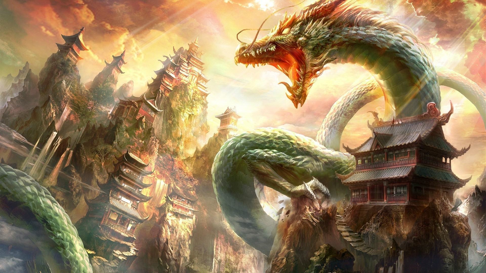 1920x1080 digital Art, Fantasy Art, Dragon, Nature, Chinese Architecture, House,  Sunlight, Clouds, Rock Wallpapers HD / Desktop and Mobile Backgrounds