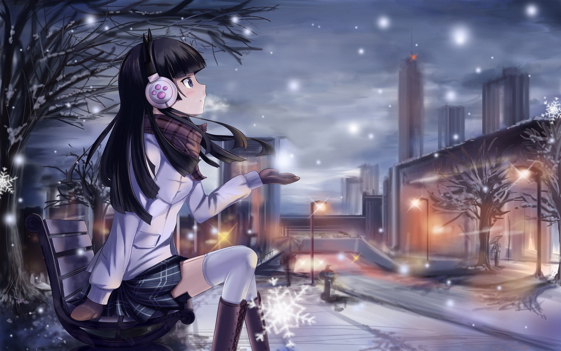 1920x1200 ... brunette-anime-girl-bench-city-snowflakes-winter-wallpaper-