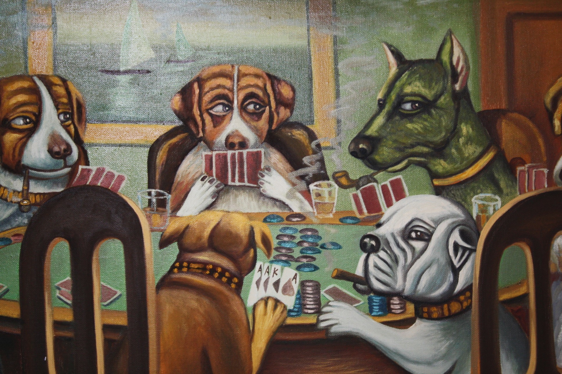 1936x1288 Original Oil Painting of a Familiar Theme - Dogs Playing Poker - For Sale