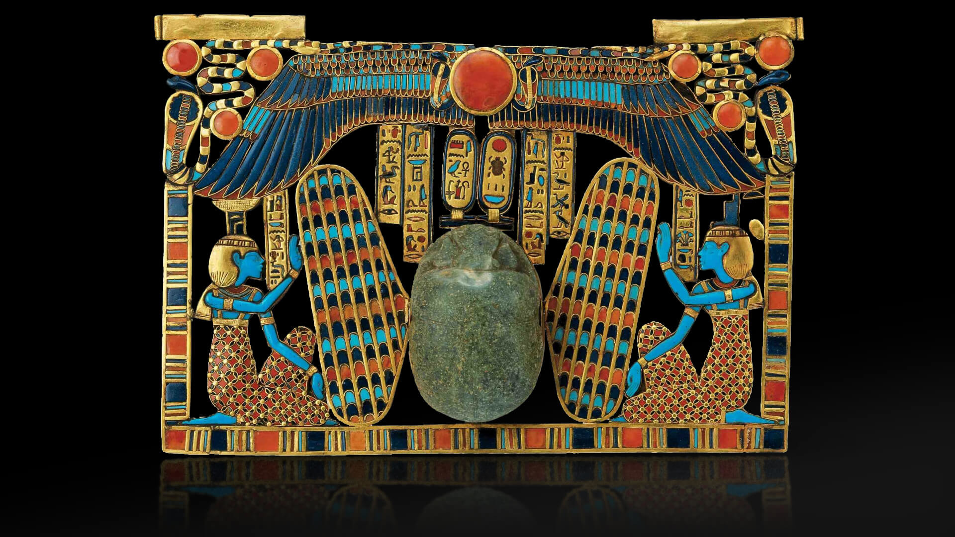 1920x1080 winged, large scarab beetle riding on a sacred barque and flanked by the  goddesses Isis
