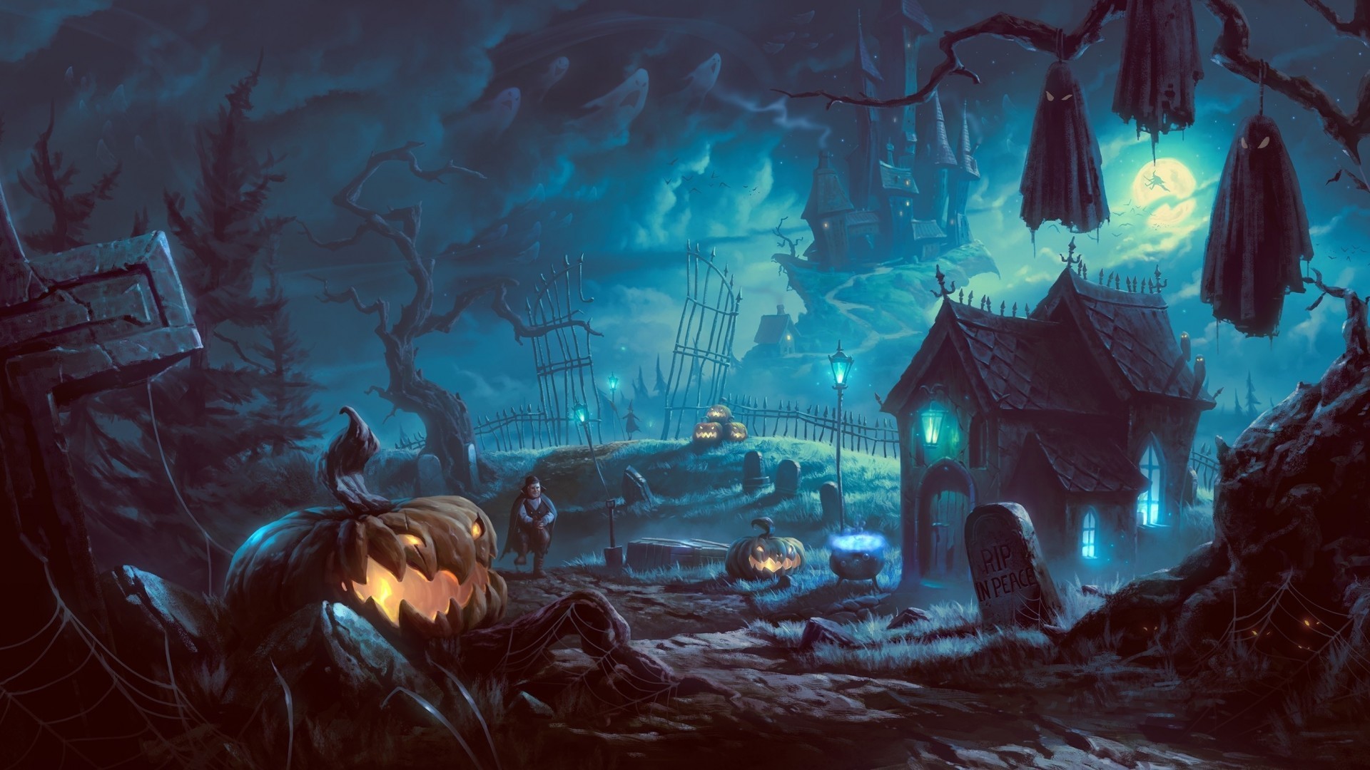 1920x1080 Halloween, Graveyard, Pumpkins, Vampire, Abandoned
