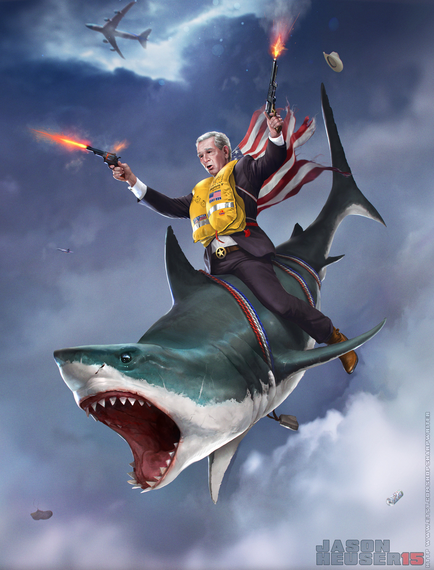 1500x1966 George DUBYA Bush : On a Shark