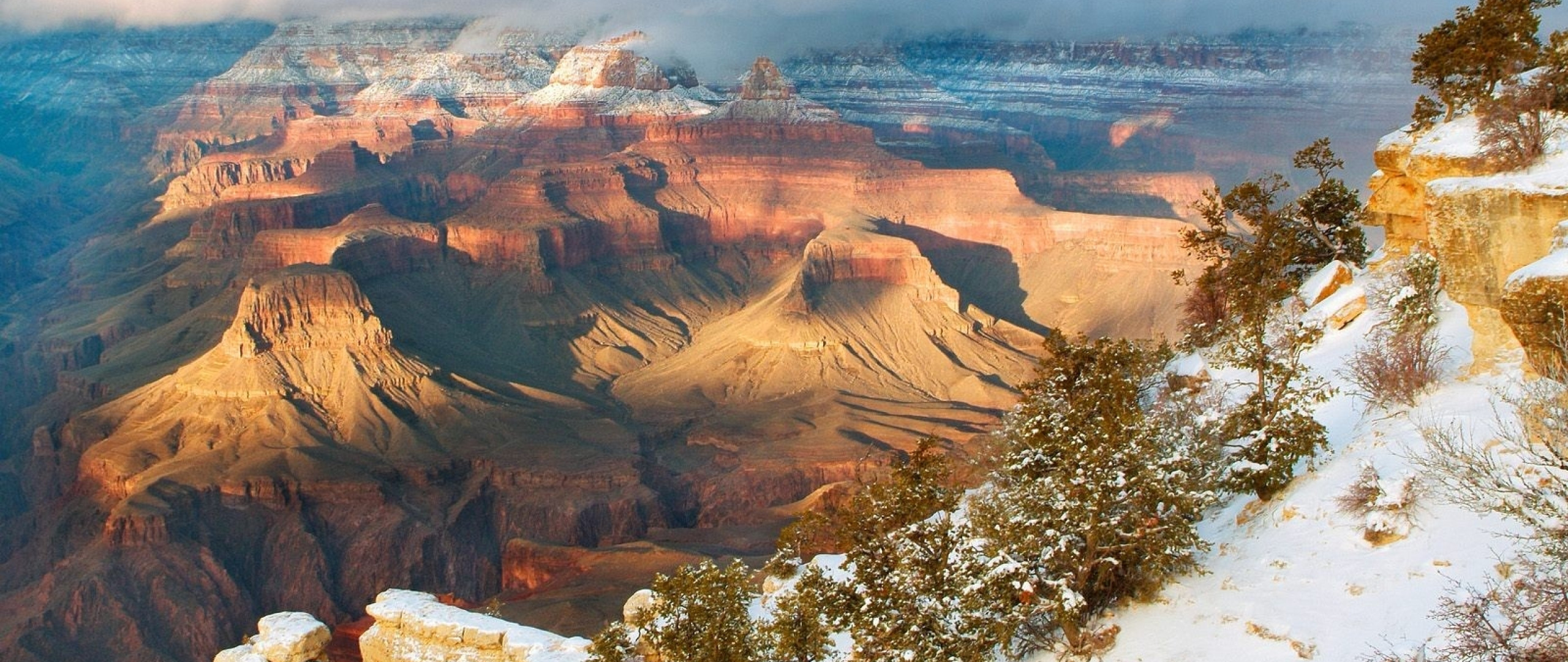 2560x1080  Wallpaper mountains, snow, winter, trees, canyons, height, arizona