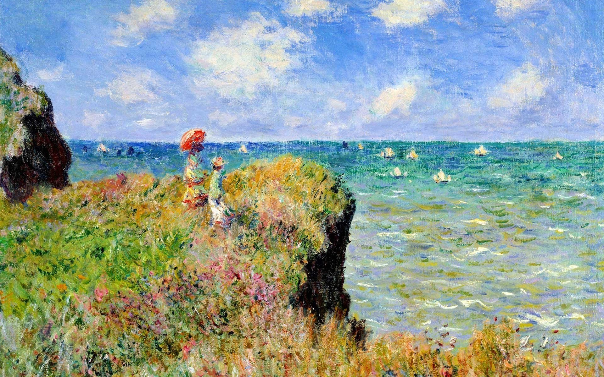 1920x1200 Malerei Meer Ufer KÃ¼ste Cliff Horizont Frankreich Claude Monet Klassische  kunst Sonnenschirm Feuchtgebiet Terrain Wiese 