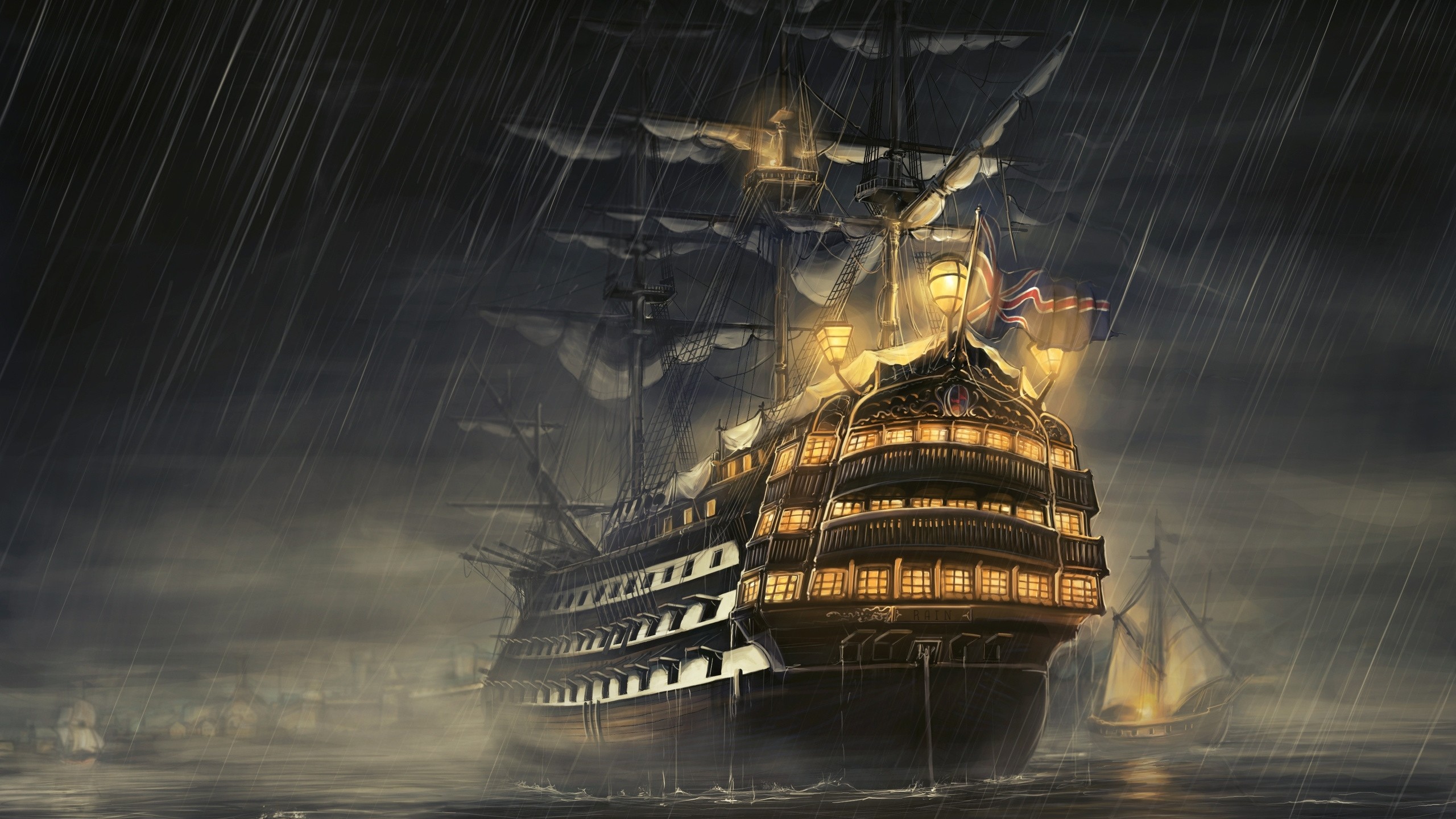 2560x1440 Preview wallpaper ships, sea, light, rain 
