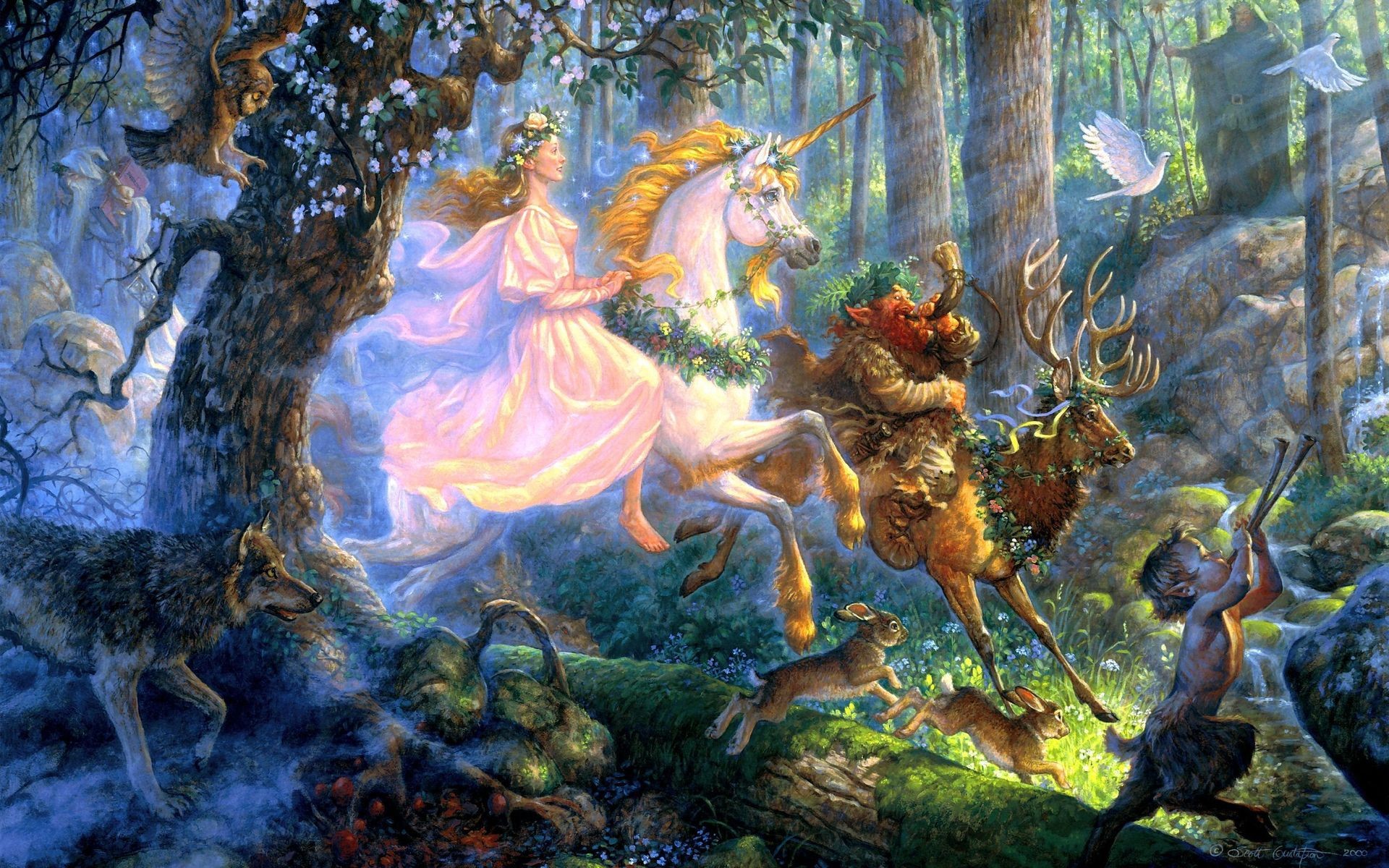 1920x1200 fantasy, females, background,scottgustafson view, women, gustafson,  abstract stock images, unicorn, magical, trees, paintings, forest,  artistic, ...