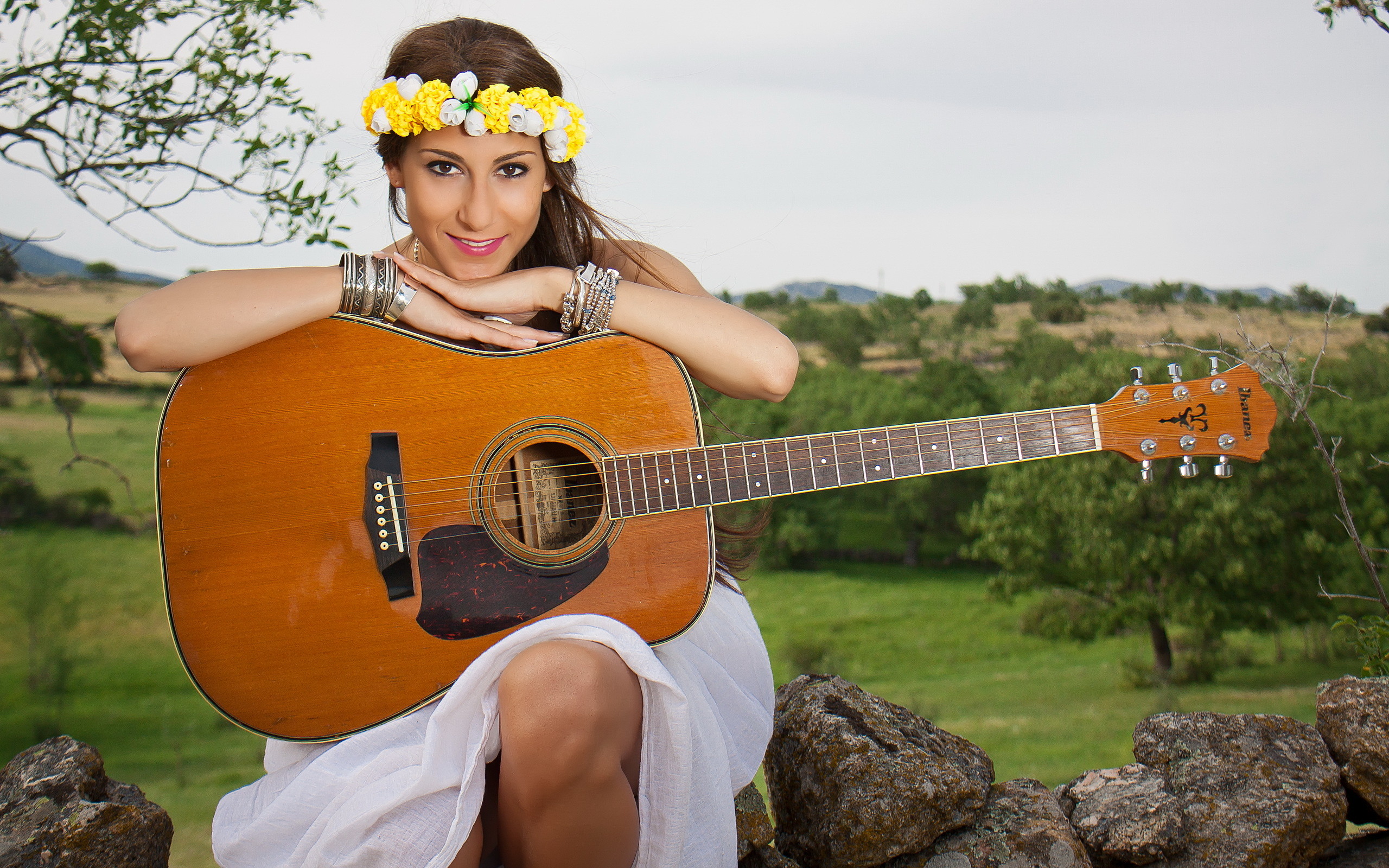 2560x1600 ... Girl With Flower Headband Playing The Guitar HD wallpaper for free