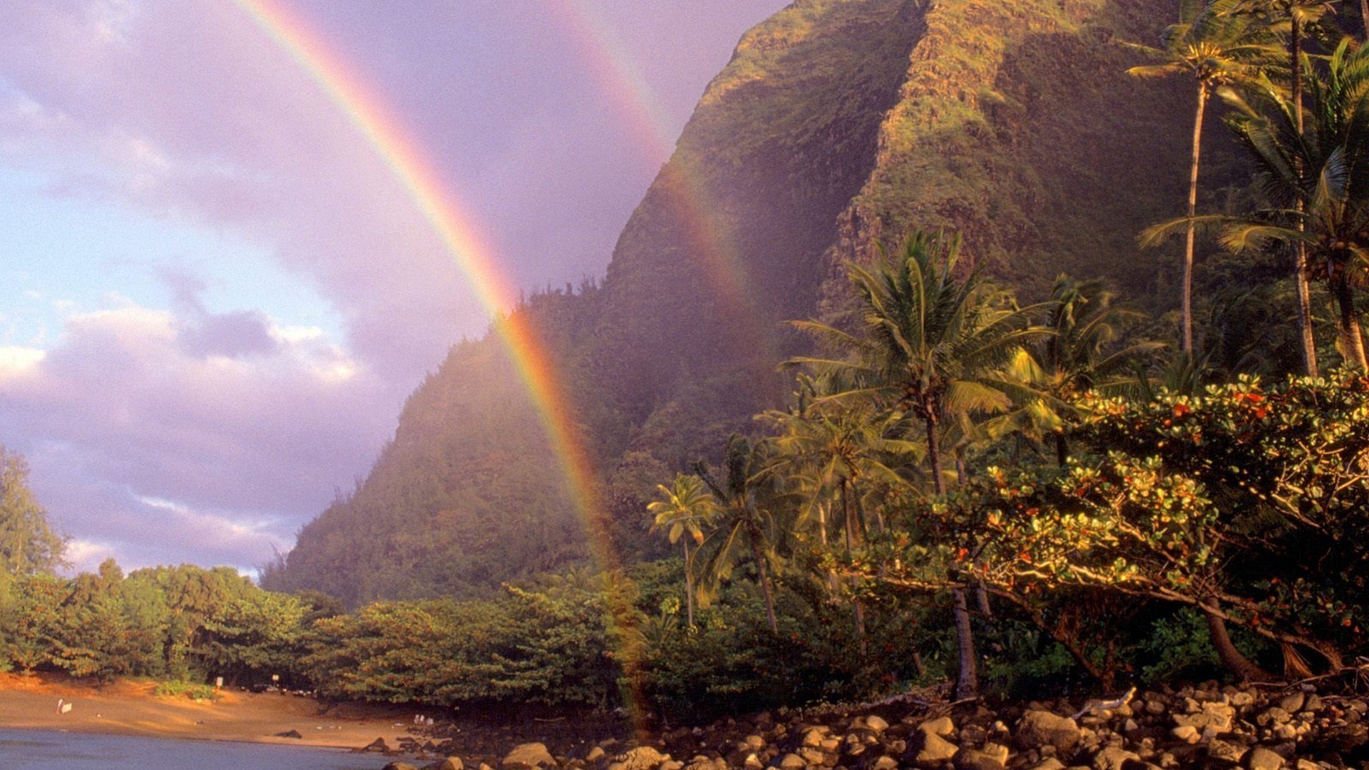1920x1080 Hawaii beaches double rainbow kauai wallpaper