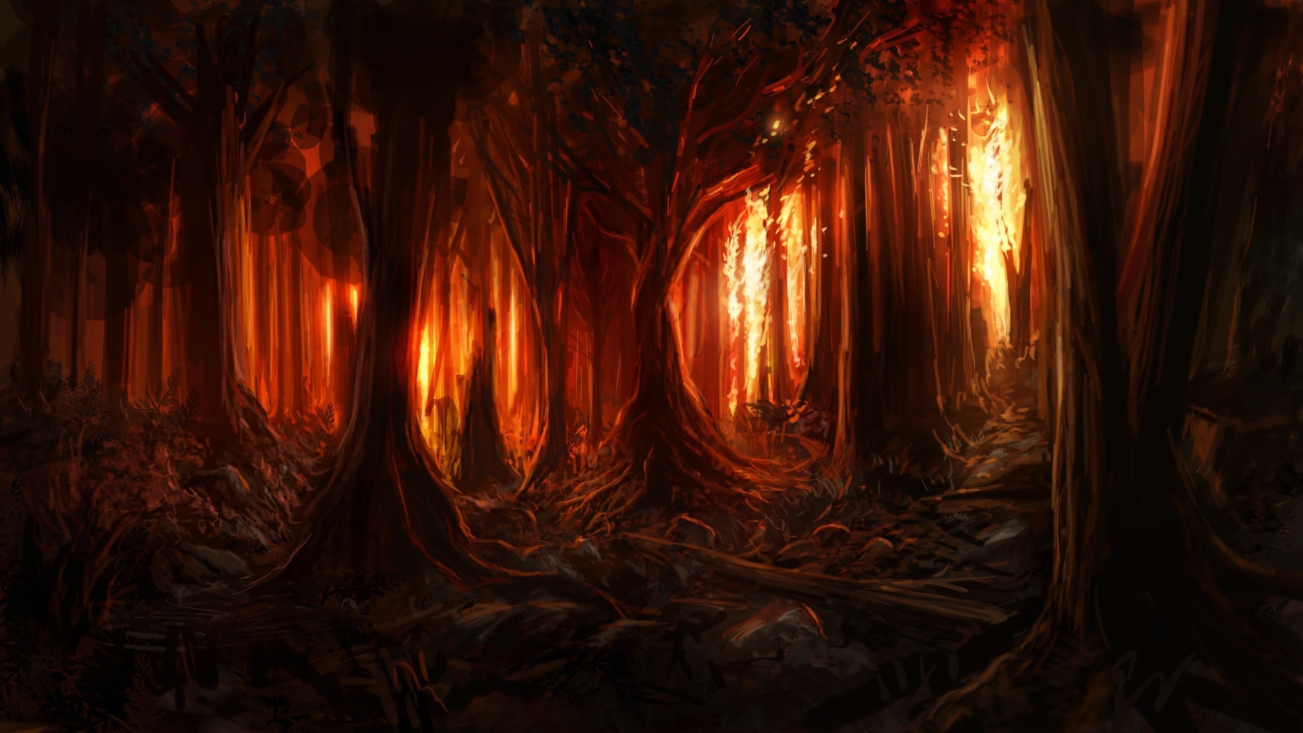 2560x1440 digital Art, Nature, Trees, Forest, Painting, Burning, Fire, Wood, Artwork,  Branch Wallpapers HD / Desktop and Mobile Backgrounds