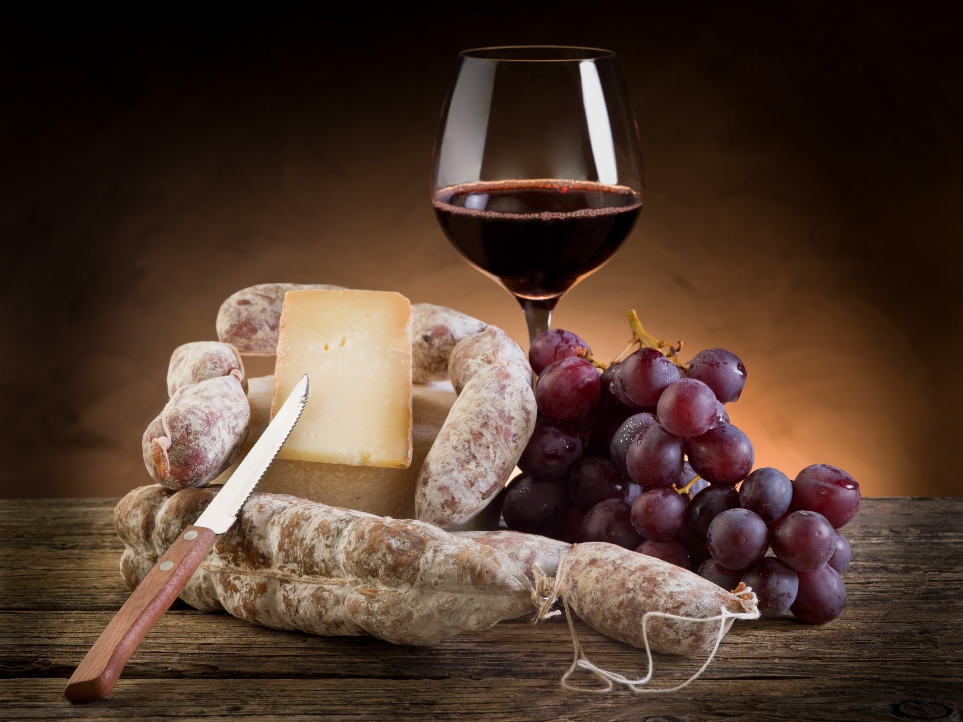 1920x1440 glass wine red grapes bunch of cheese hunk knife salami