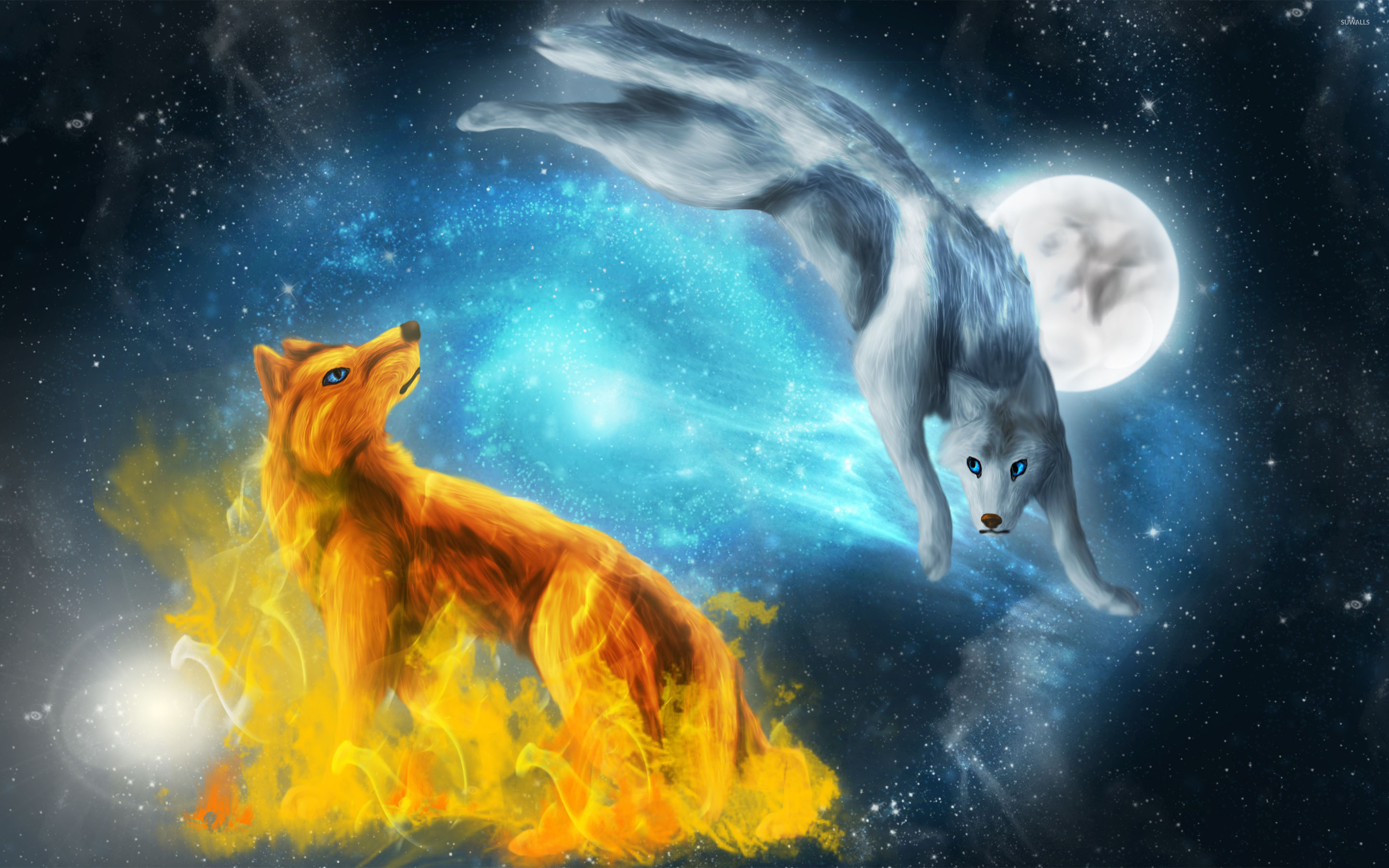2880x1800 Fire and ice wolves wallpaper
