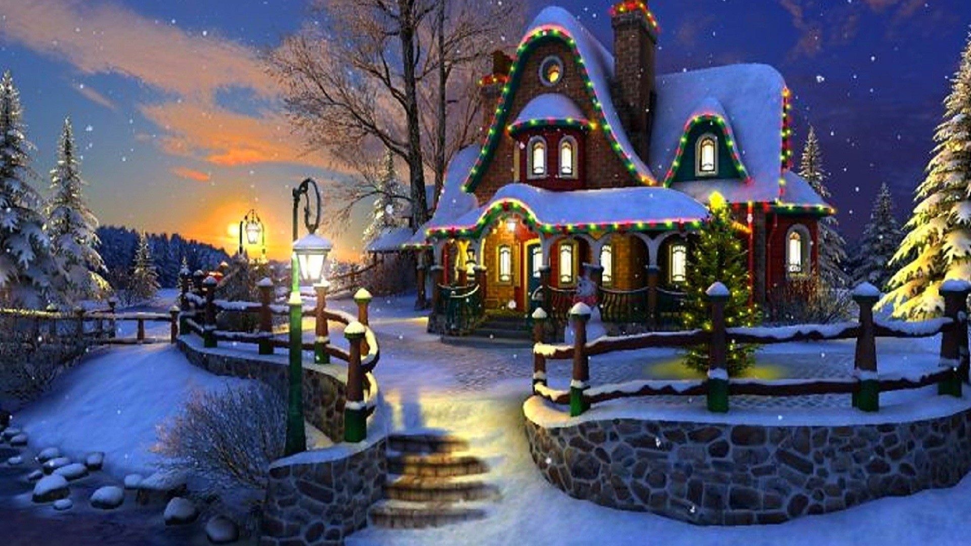 1920x1080 Festivals Tag - Awesome Cottage Xmas New Year Festivals Christmas  Attractions Dreams Paintings Bridge Trees Beautiful