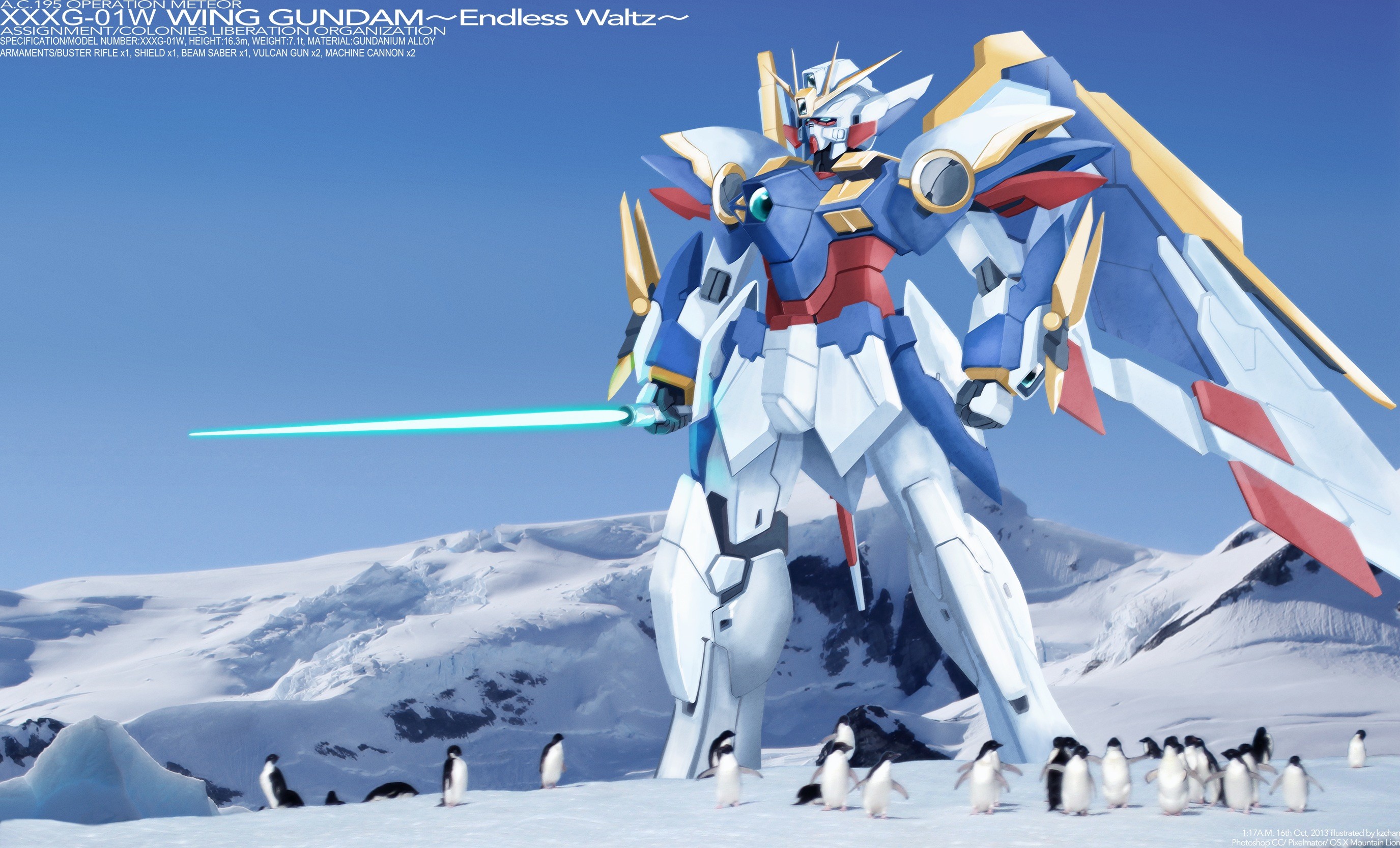 2751x1665 Wallpaper of Wing Gundam hanging out with some Penguins