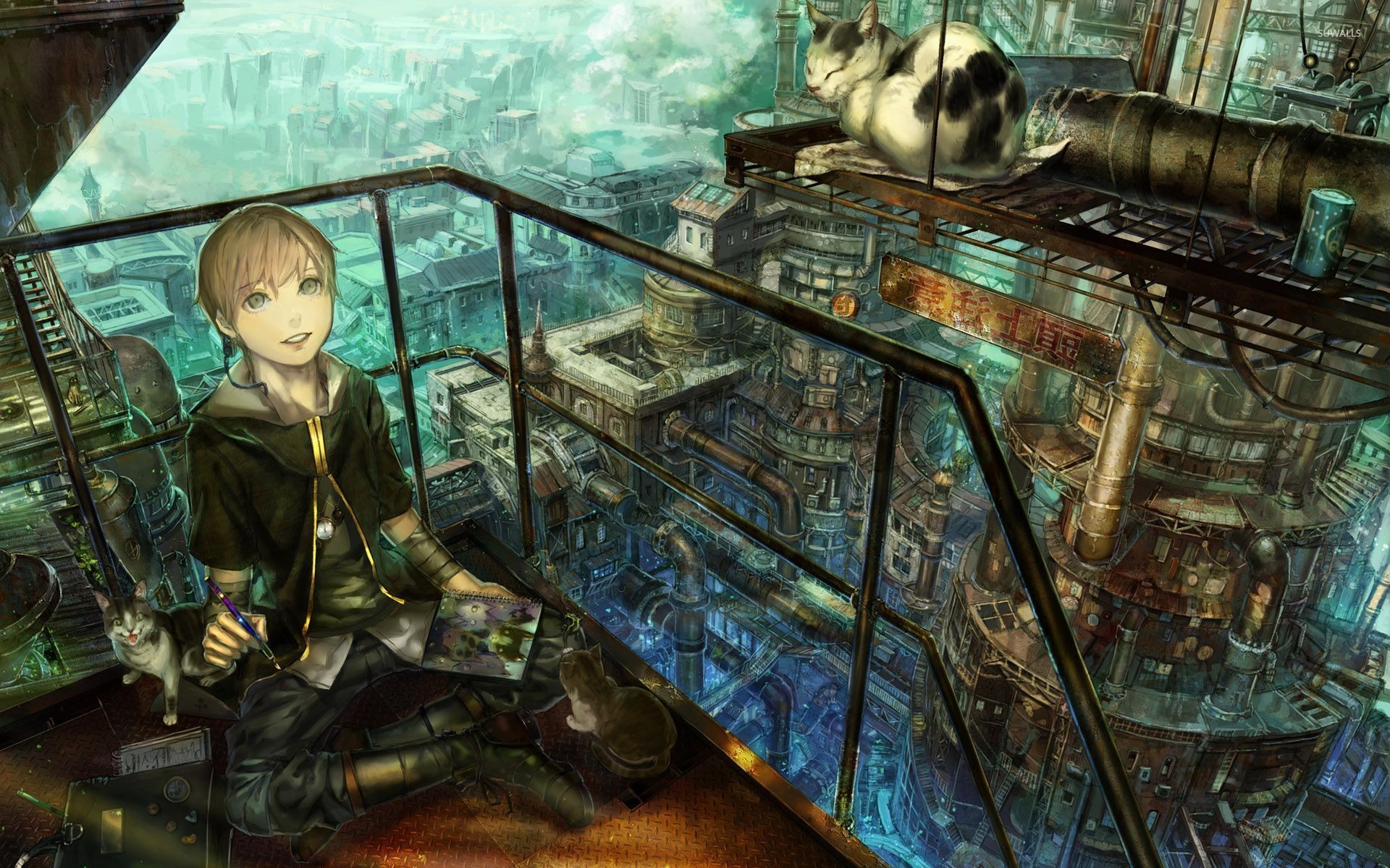 1920x1200 Boy painting a cat in the steampunk city wallpaper