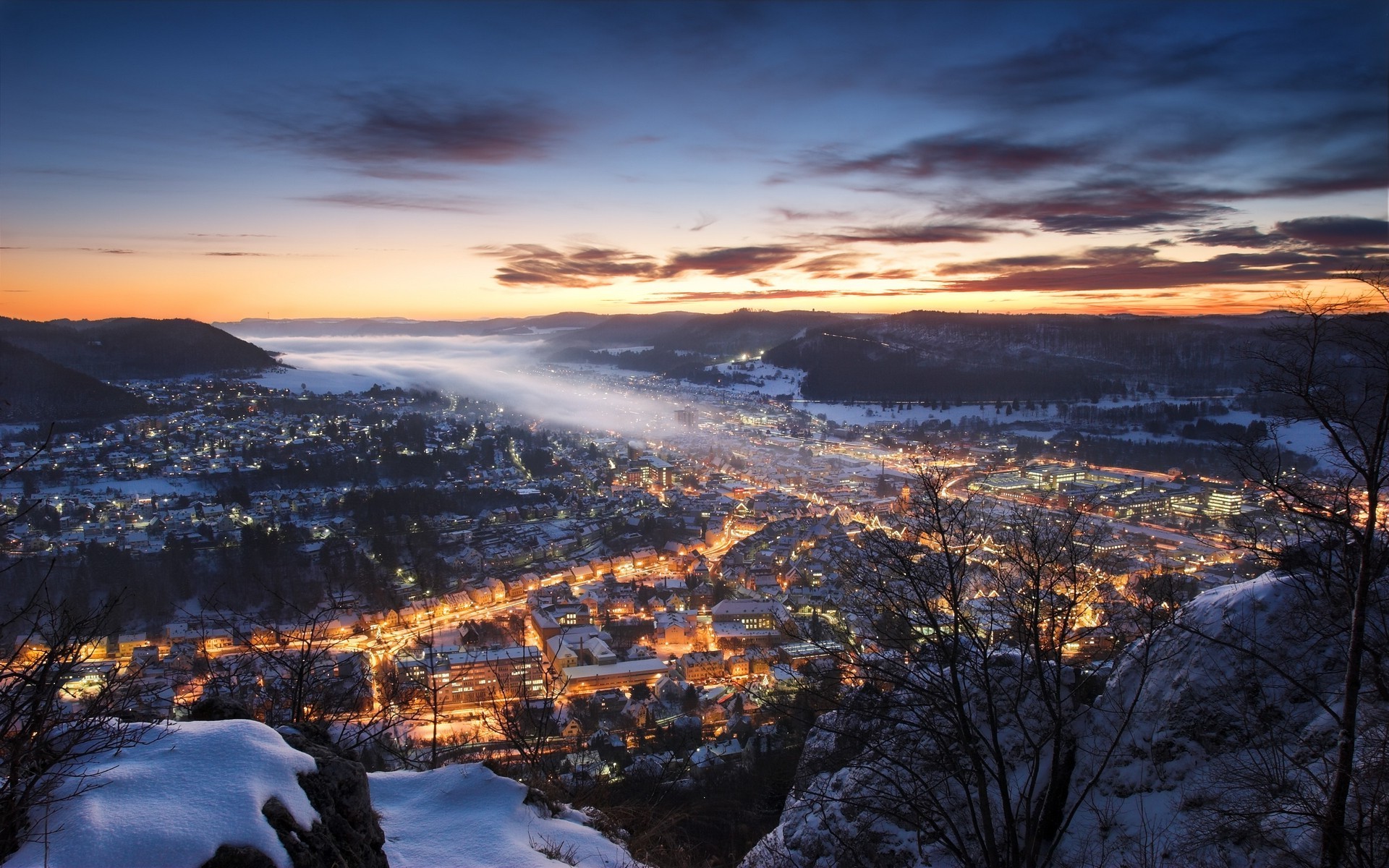 1920x1200 nature, Landscape, Mist, Cityscape, Sunset, Winter, Hill, Germany, Snow,  Clouds, Europe, Lights, City Wallpapers HD / Desktop and Mobile Backgrounds