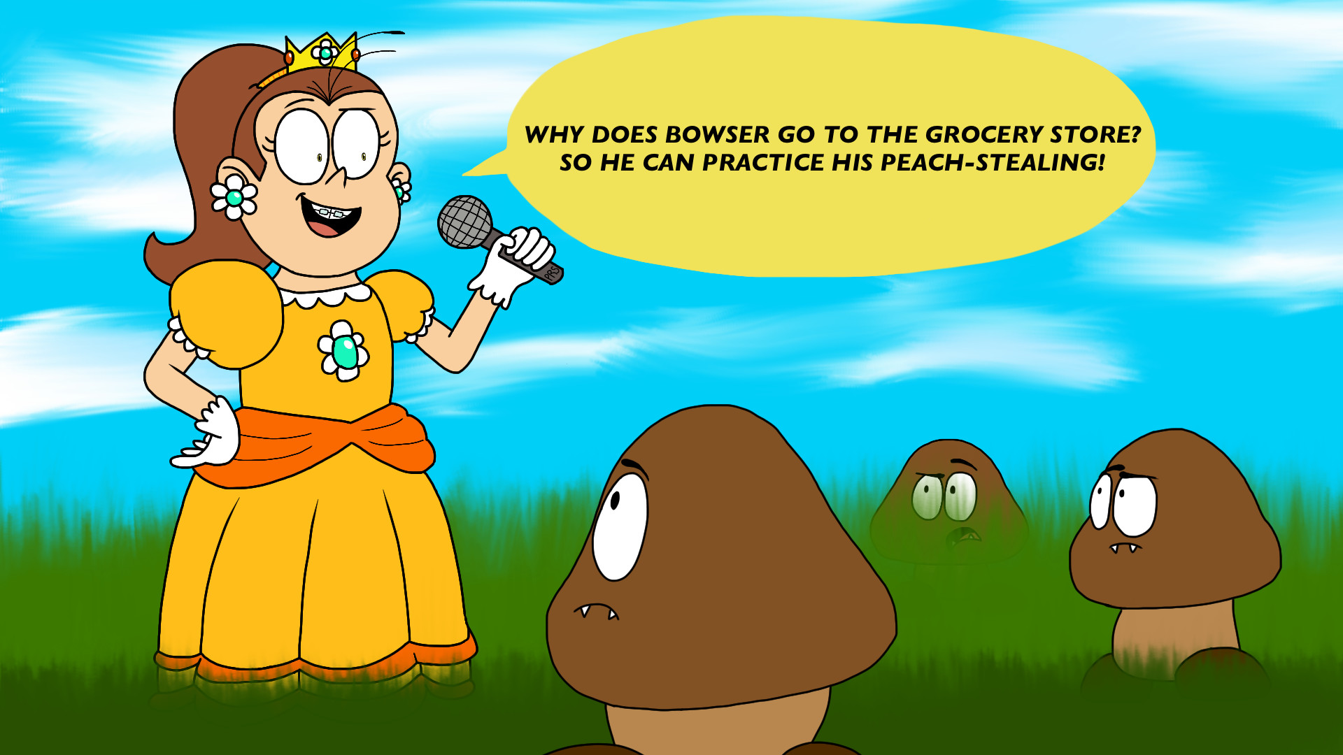 1920x1080 Luan dressed as Daisy, telling a joke to some Goombas.