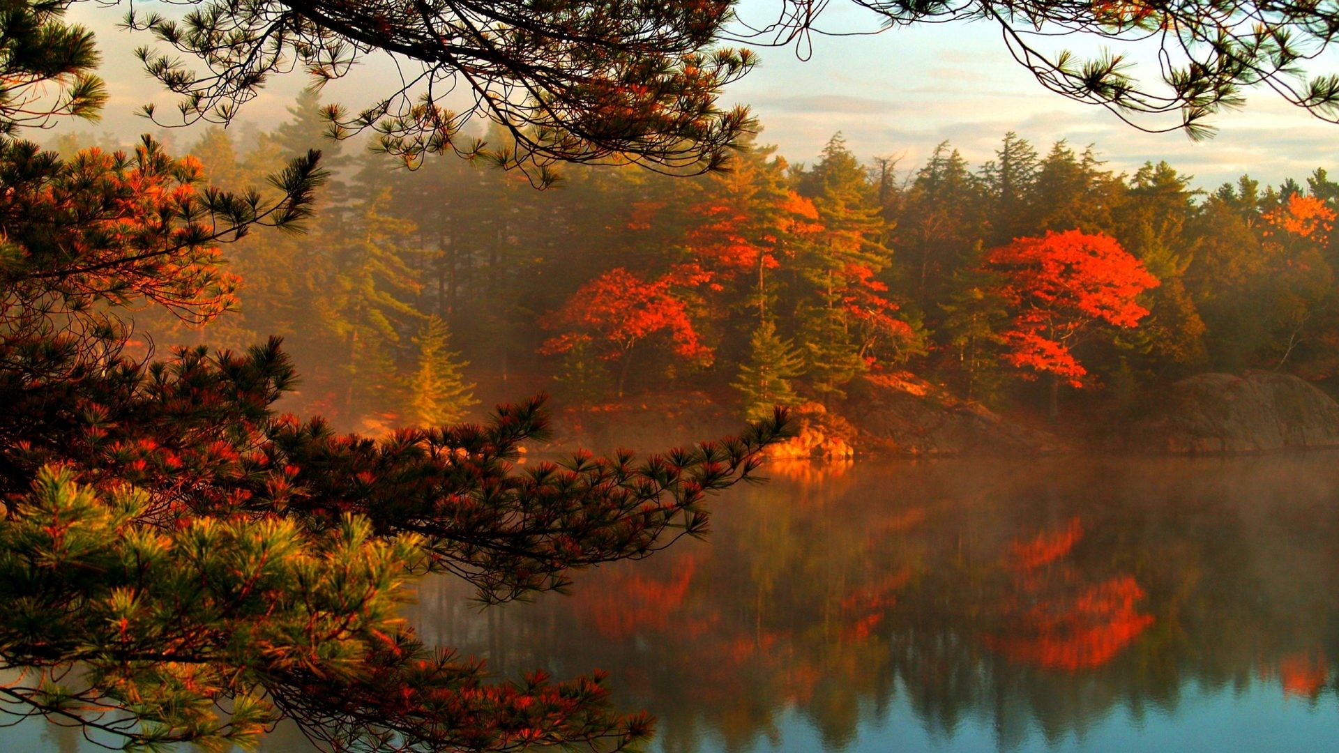 1920x1080 Beautiful Tag - Green Lake Colors Beautiful Fall Fog Autumn Misty Red Trees  Forest Blue Reflection