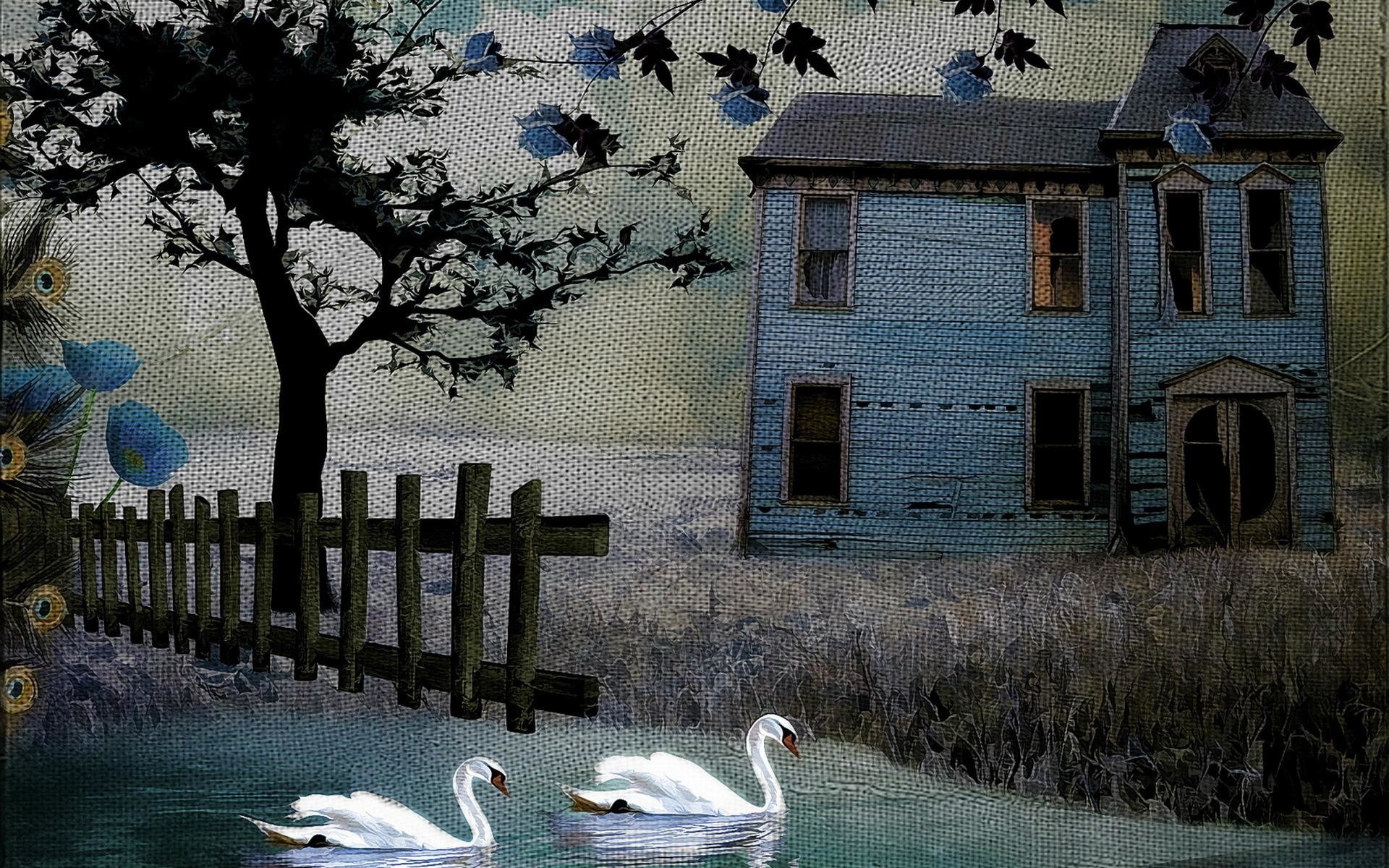 1920x1200 Painting Art Texture Rustic Birds Swan Fence House Buildings Architecture  Trees HD Background
