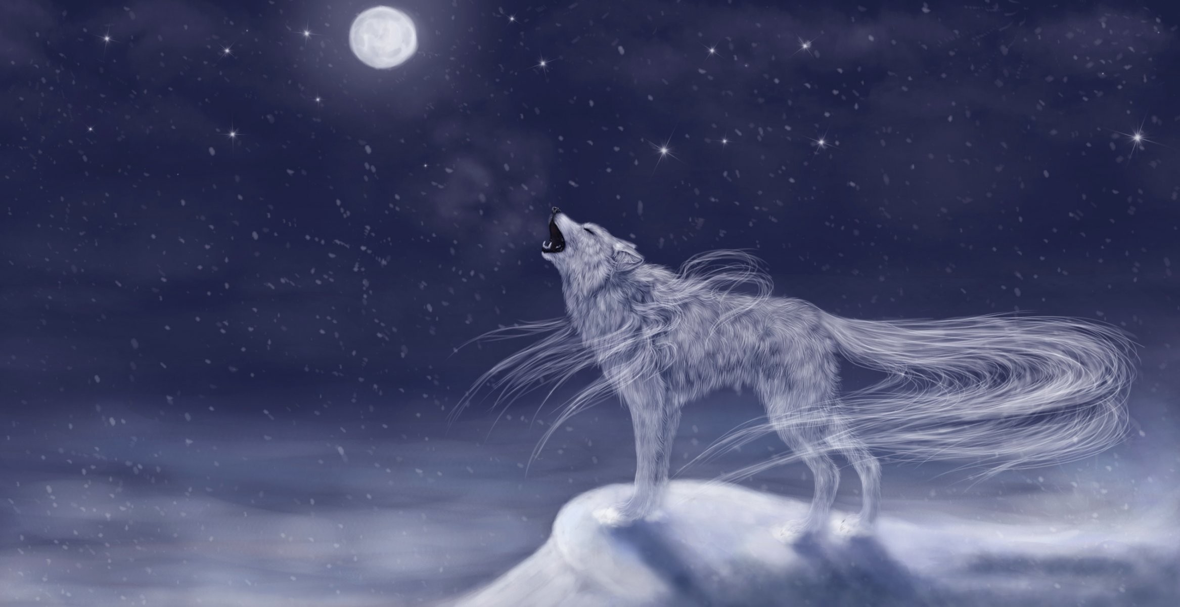 2334x1200 art animals wolf howling vhost moon sky night snow cool