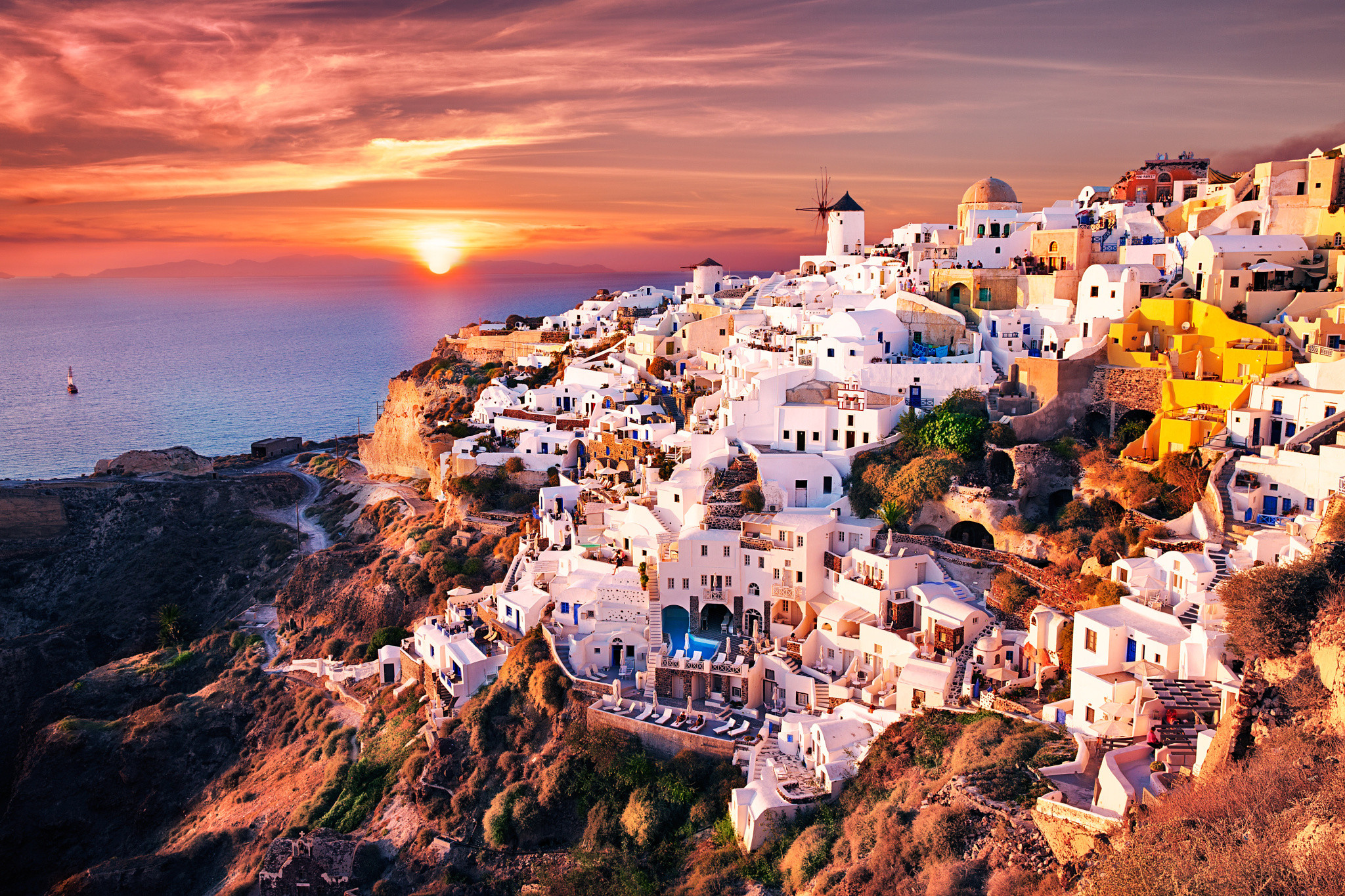 2048x1365 Menschengemacht - Santorini Menschengemacht Griechenland GebÃ¤ude  Architektur Sonnenuntergang Wallpaper