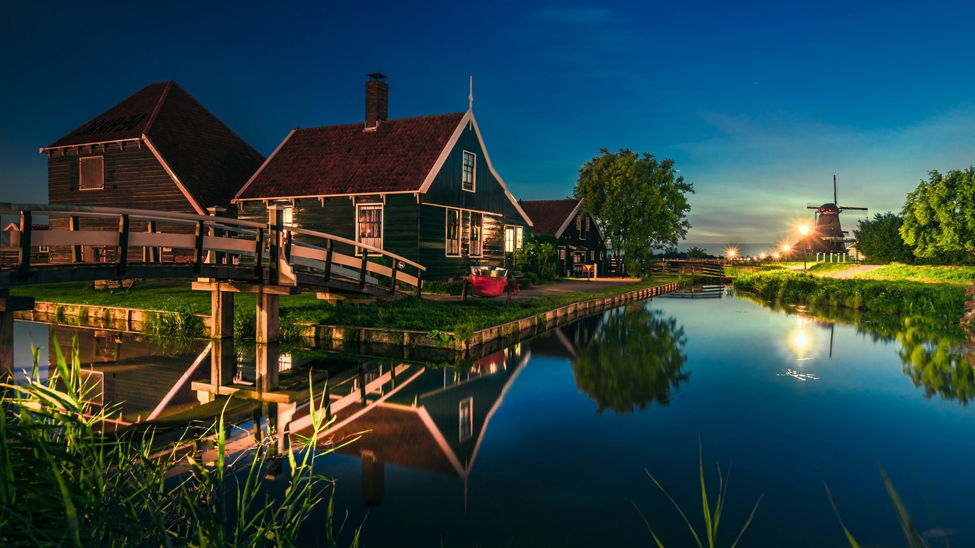1920x1080 nature, Landscape, Canal, House, Bridge, Water, Lantern, Reflection,  Netherlands, Trees, Grass, Lights, Blue, Europe, Evening, Zaanse Schans  Wallpapers HD ...
