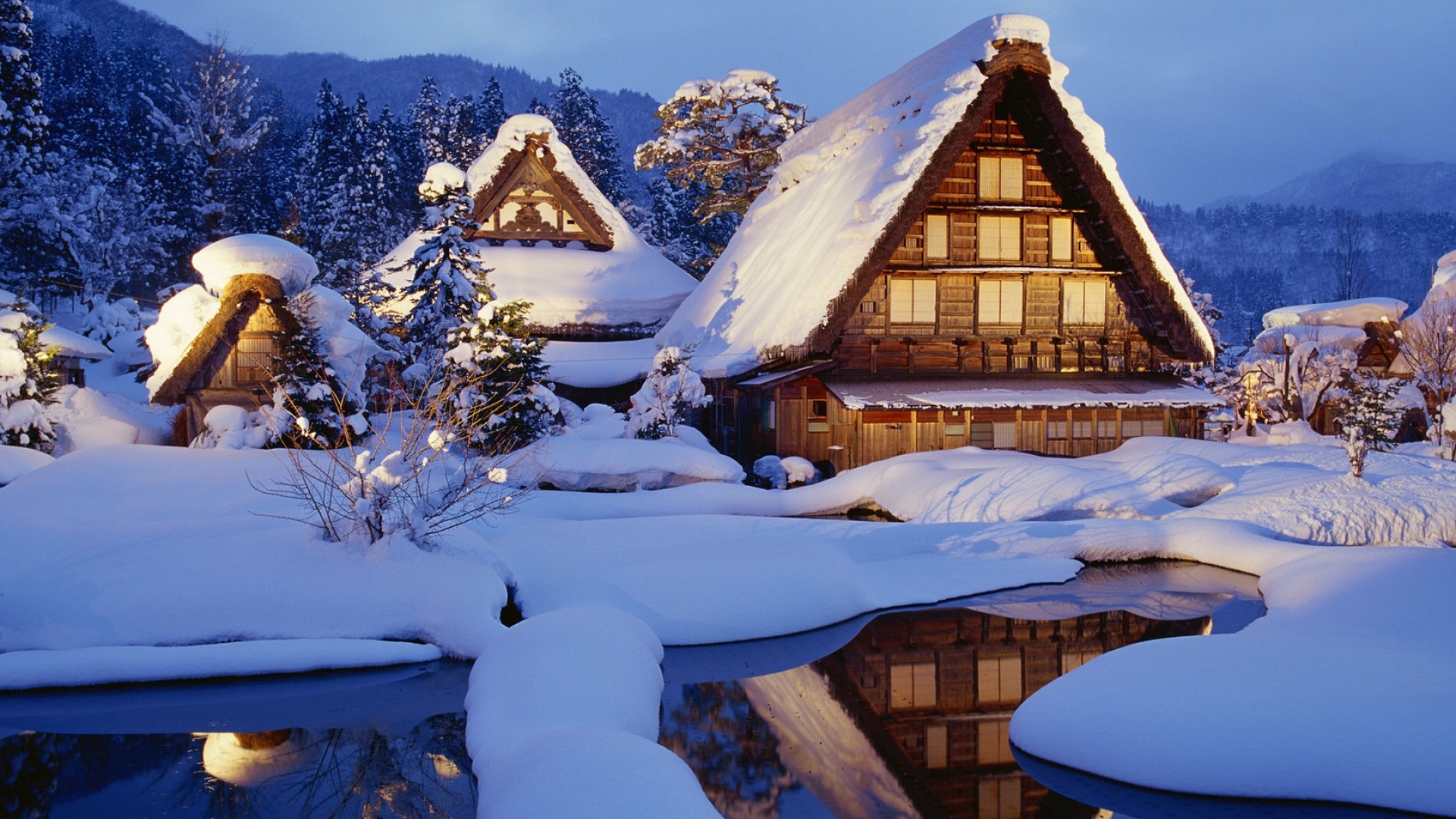 1920x1080  Wallpaper winter, snow, lodges, lake, light, reflection, japan