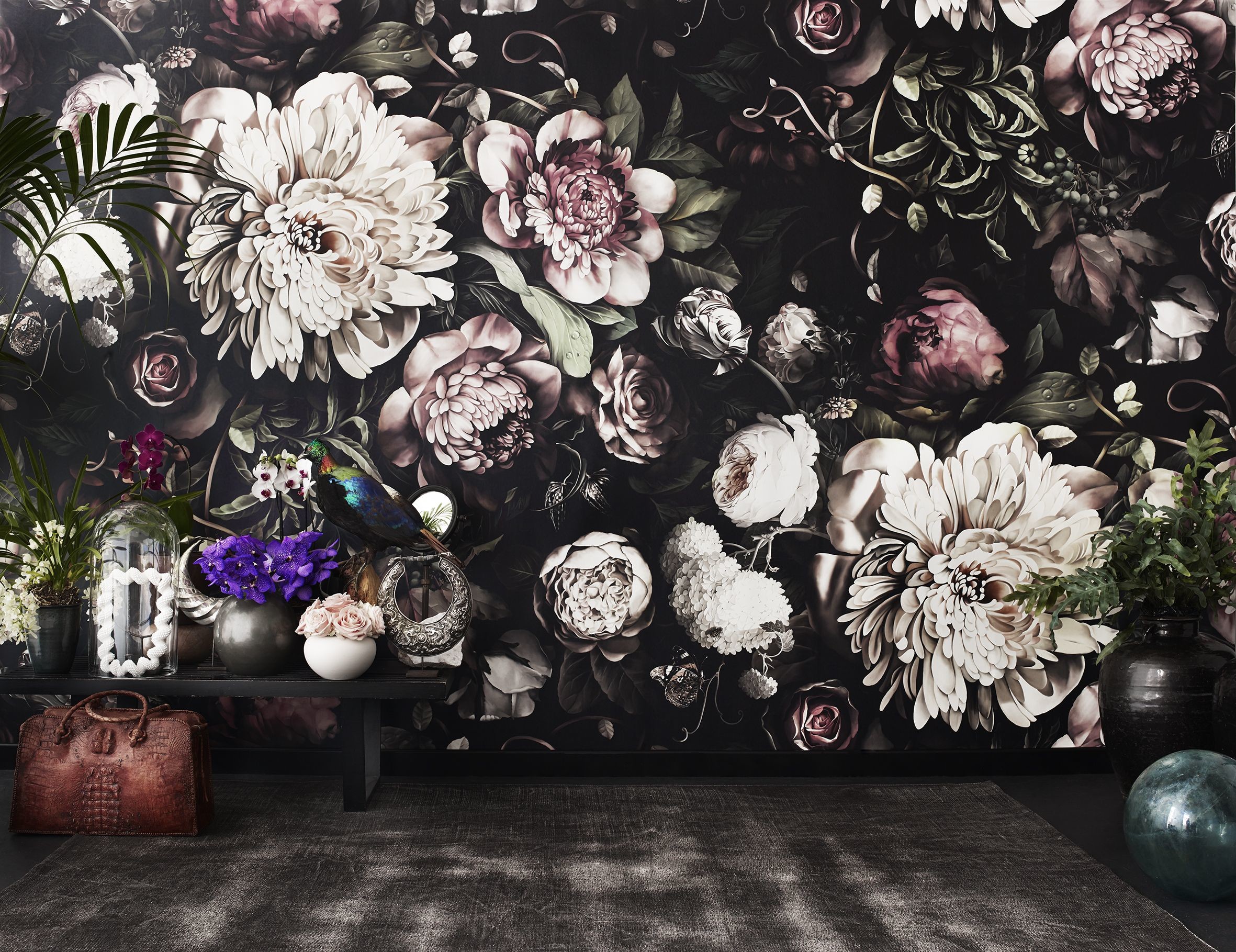 2362x1819 Ellie Cashman Design Dark Floral II Black Saturated XL Wallpaper. Large  scale dark floral wallpaper