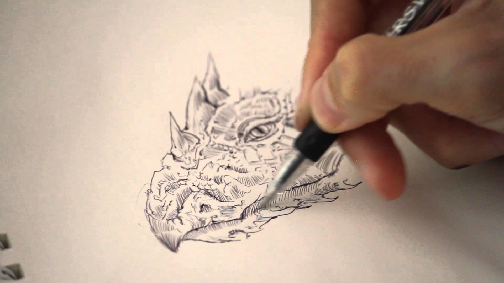 1920x1080 Drawing a Dragon Head in Pen & Ink - Time Lapse