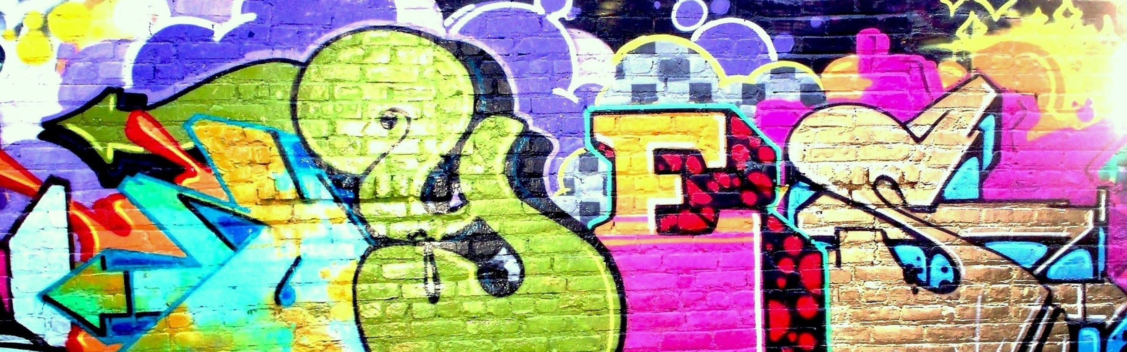 3840x1200 Preview wallpaper wall, graffiti, colorful, sign 