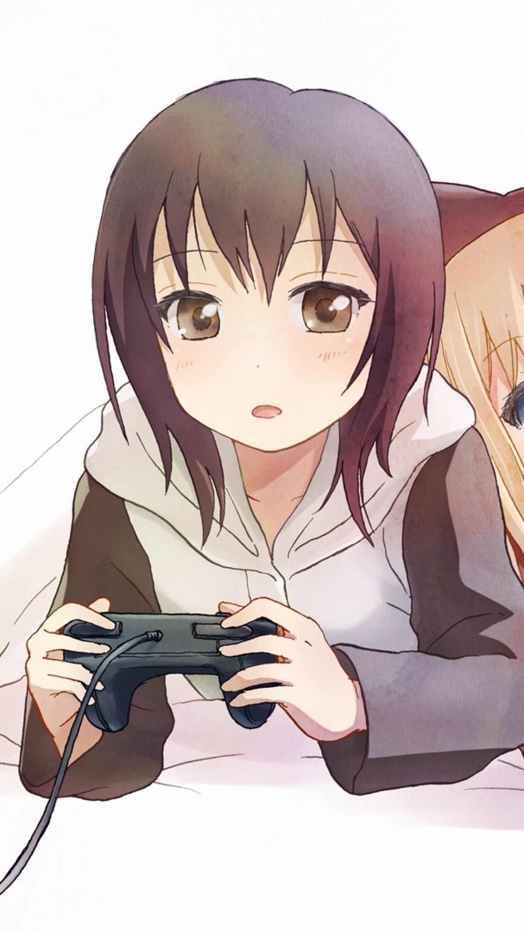 1080x1920  Wallpaper anime, girls, game, console, blanket