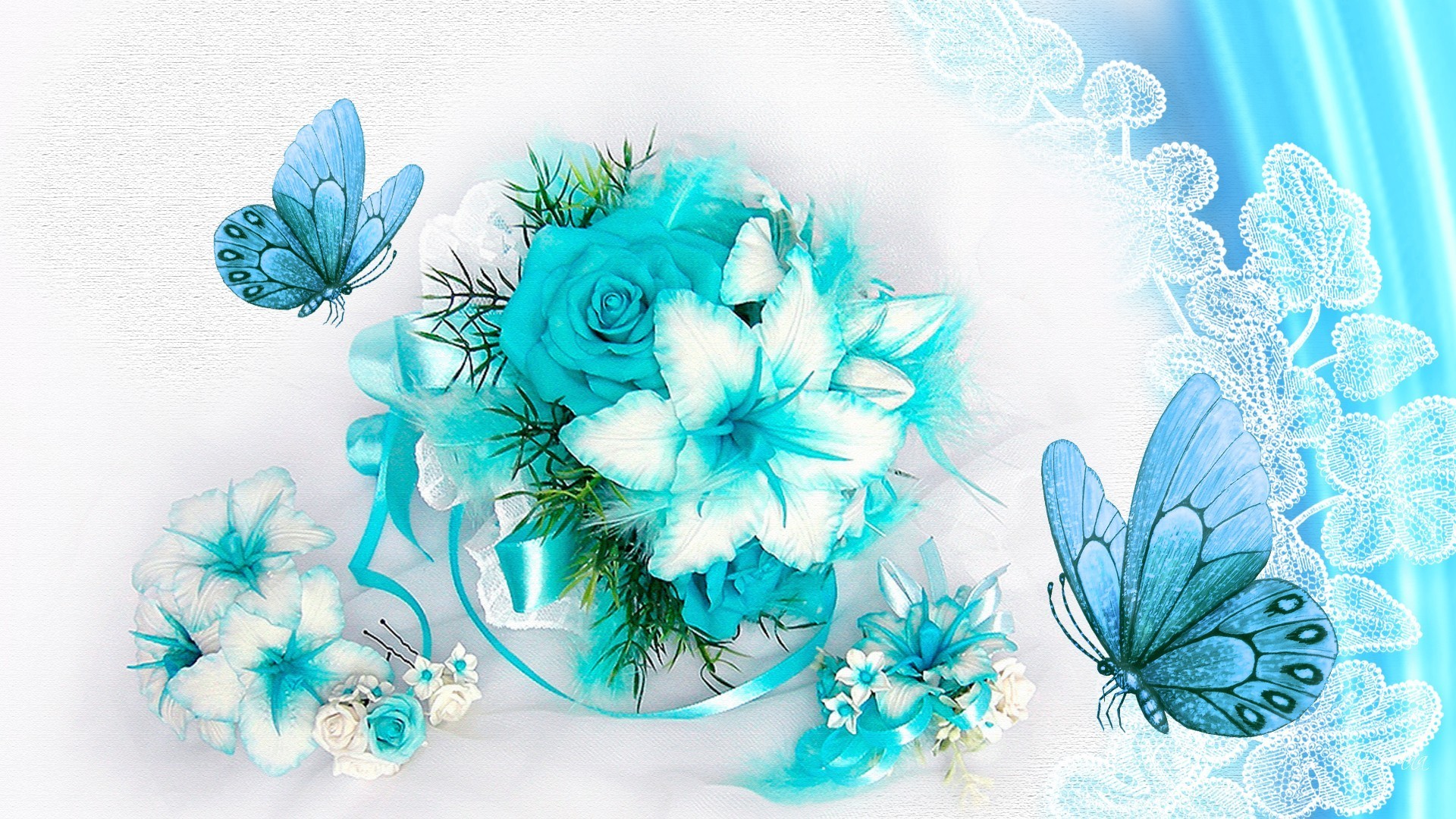 1920x1080 #77CCDD Color - Fleurs Airy Cyan Lace Light Roses Floral Papillon Butterfly  Aqua Aquamarine Butterflies