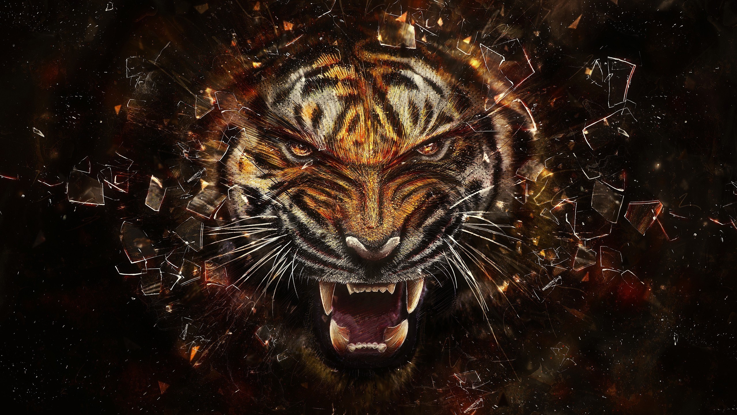 2560x1440 Preview wallpaper tiger, glass, shards, aggression, teeth 
