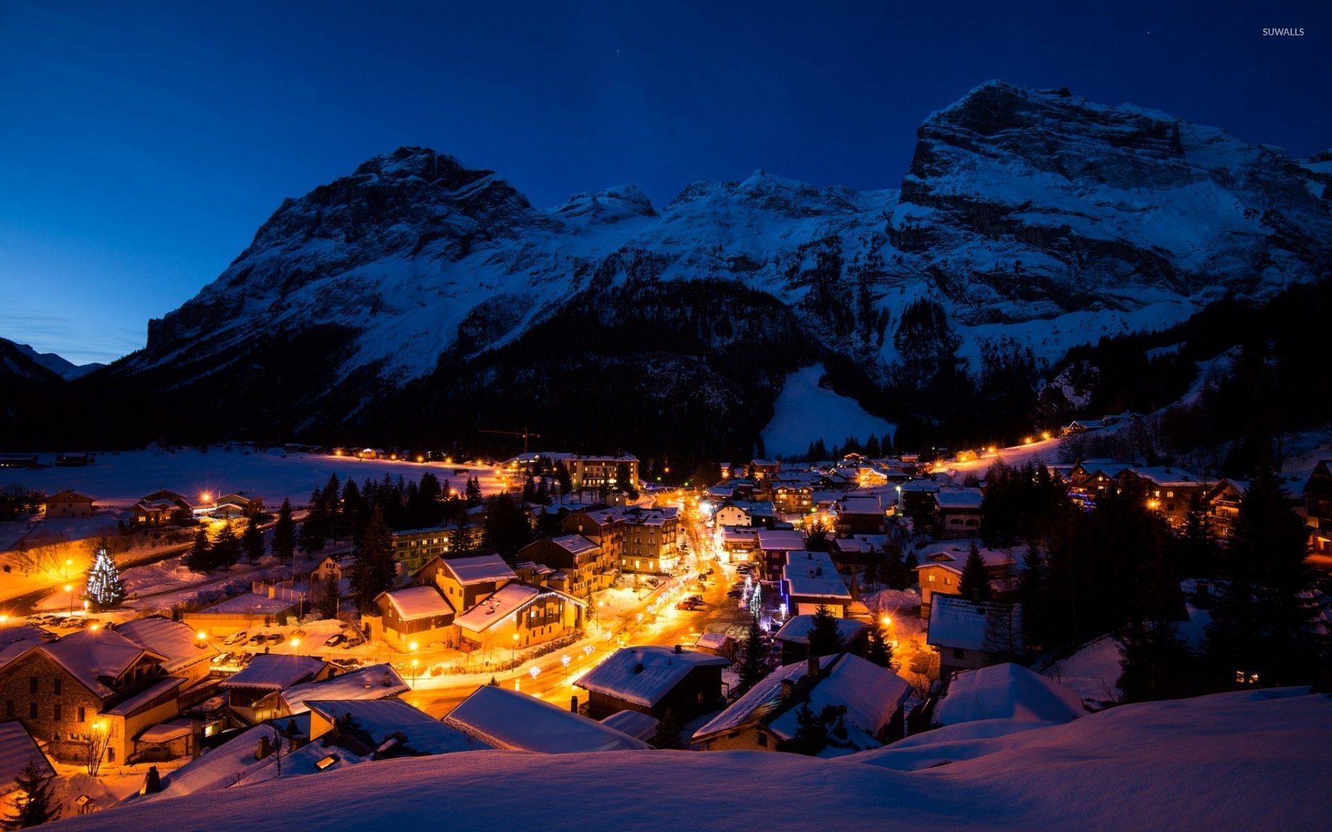 1920x1200 Night lights in the snowy mountain town wallpaper