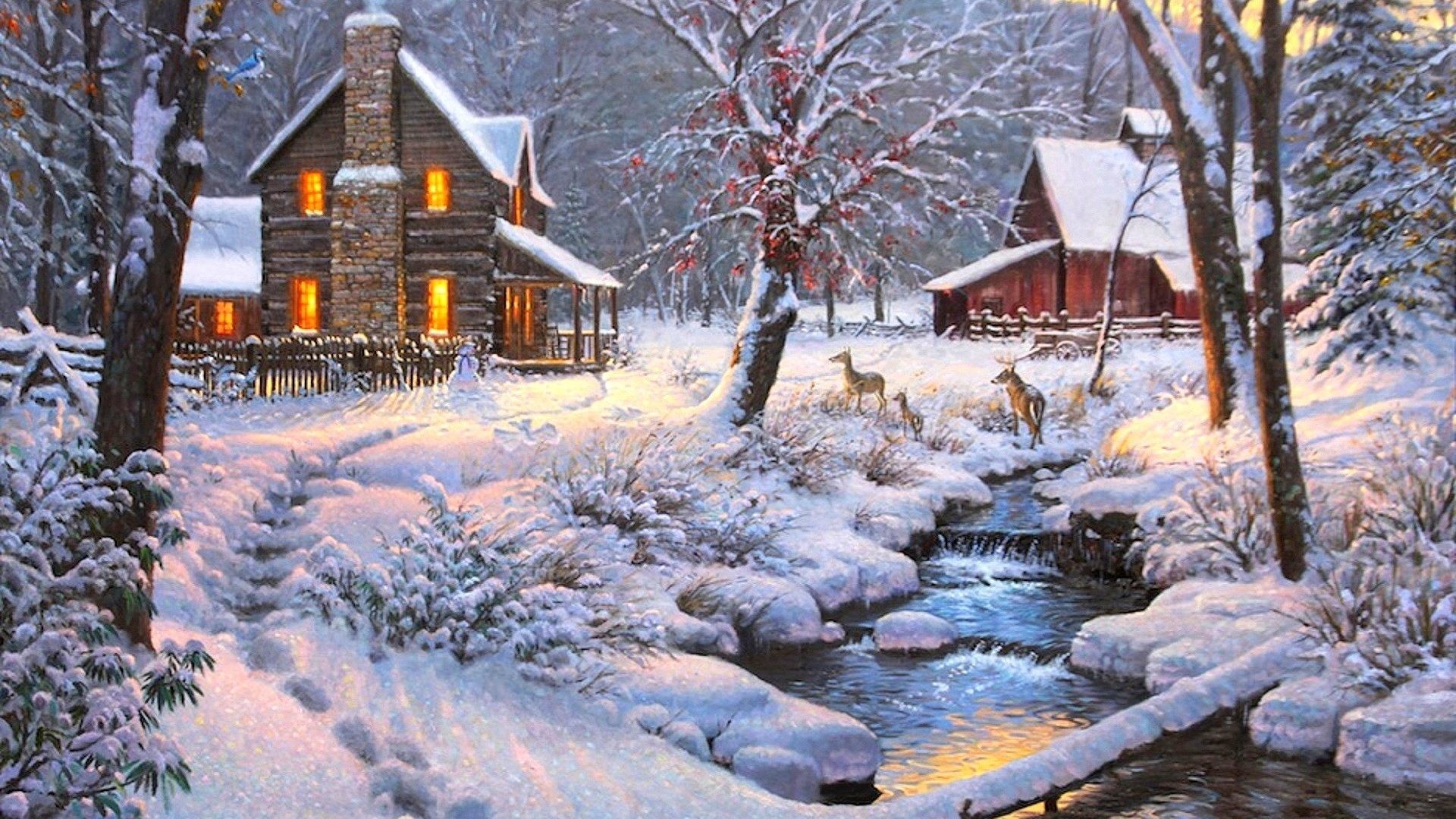 1920x1080 Paintings Tag - New Holidays Bird Love Deer Four Paintings Houses Drawings  Winter Attractions Trees Seasons