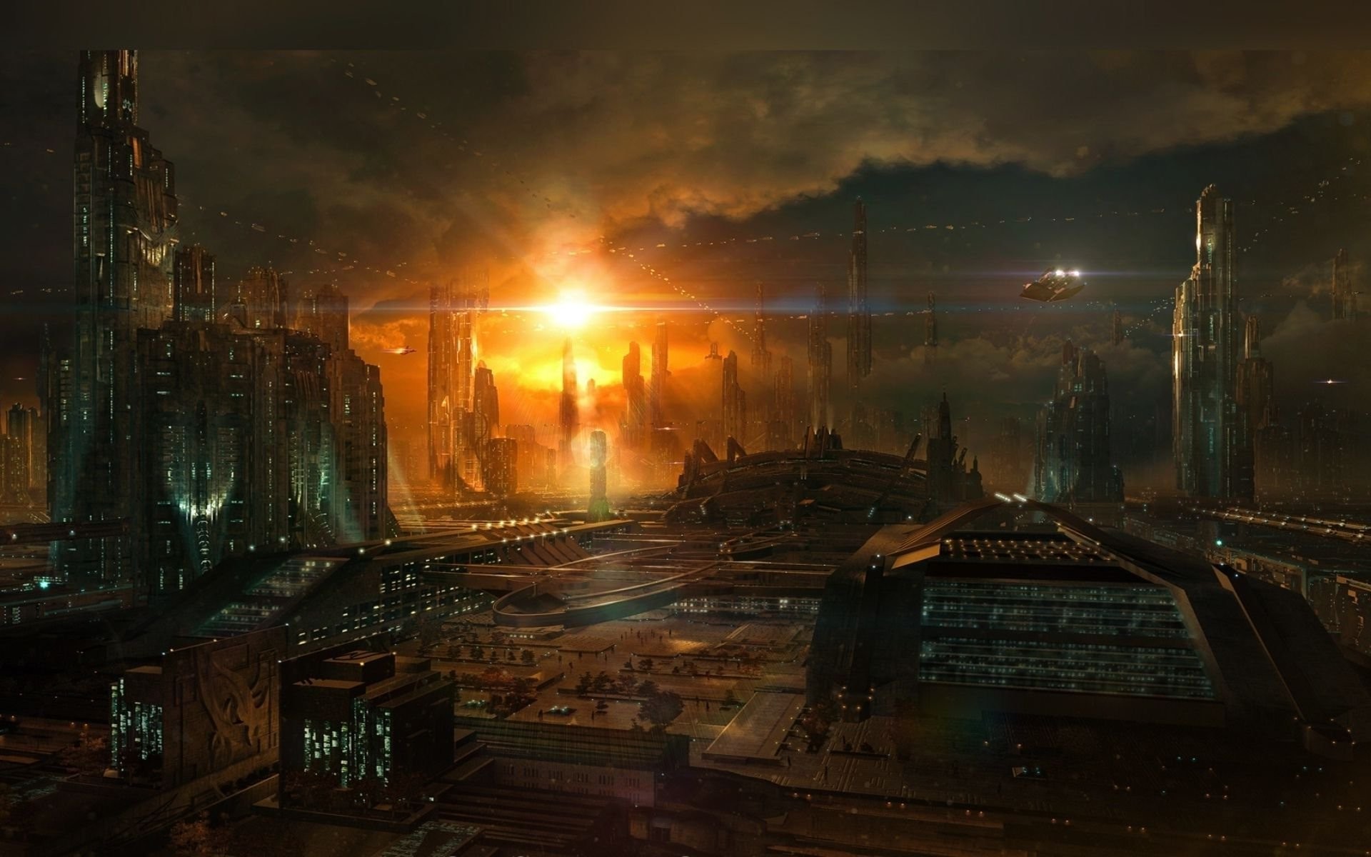1920x1200 Sun Rising Over Sci-fi City