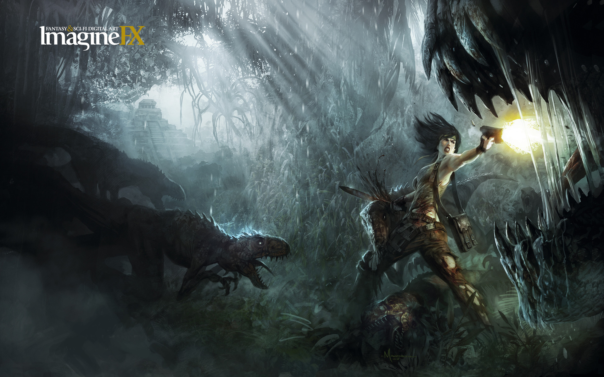 1920x1200 Women Forests Fighting Dinosaurs Fantasy Art Sunlight Girls With Guns Torn  Clothing Imagine Fx Wallpaper At Fantasy Wallpapers