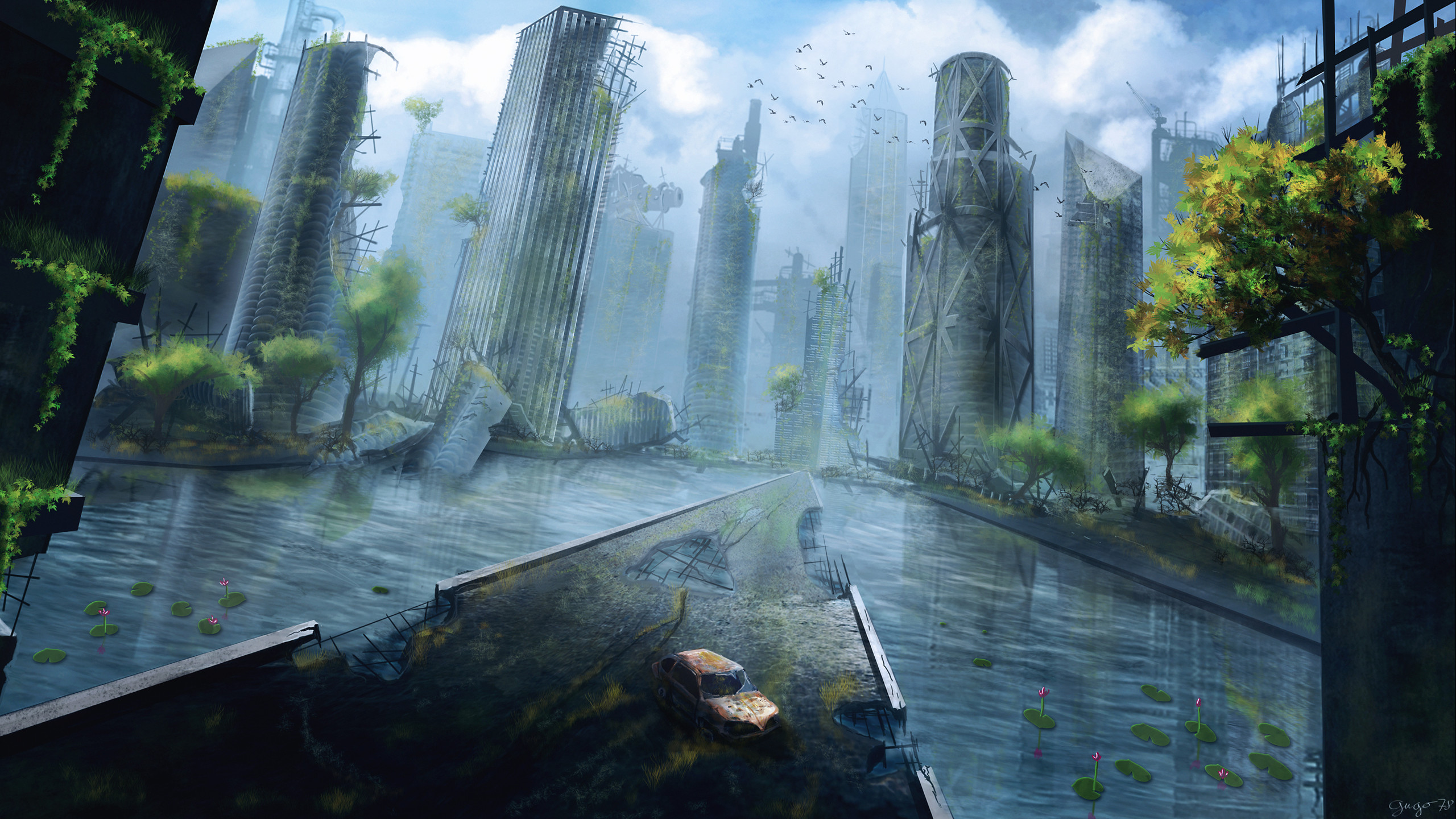 2560x1440 Sci Fi - Post Apocalyptic Ruin City Water Skyscraper Wallpaper