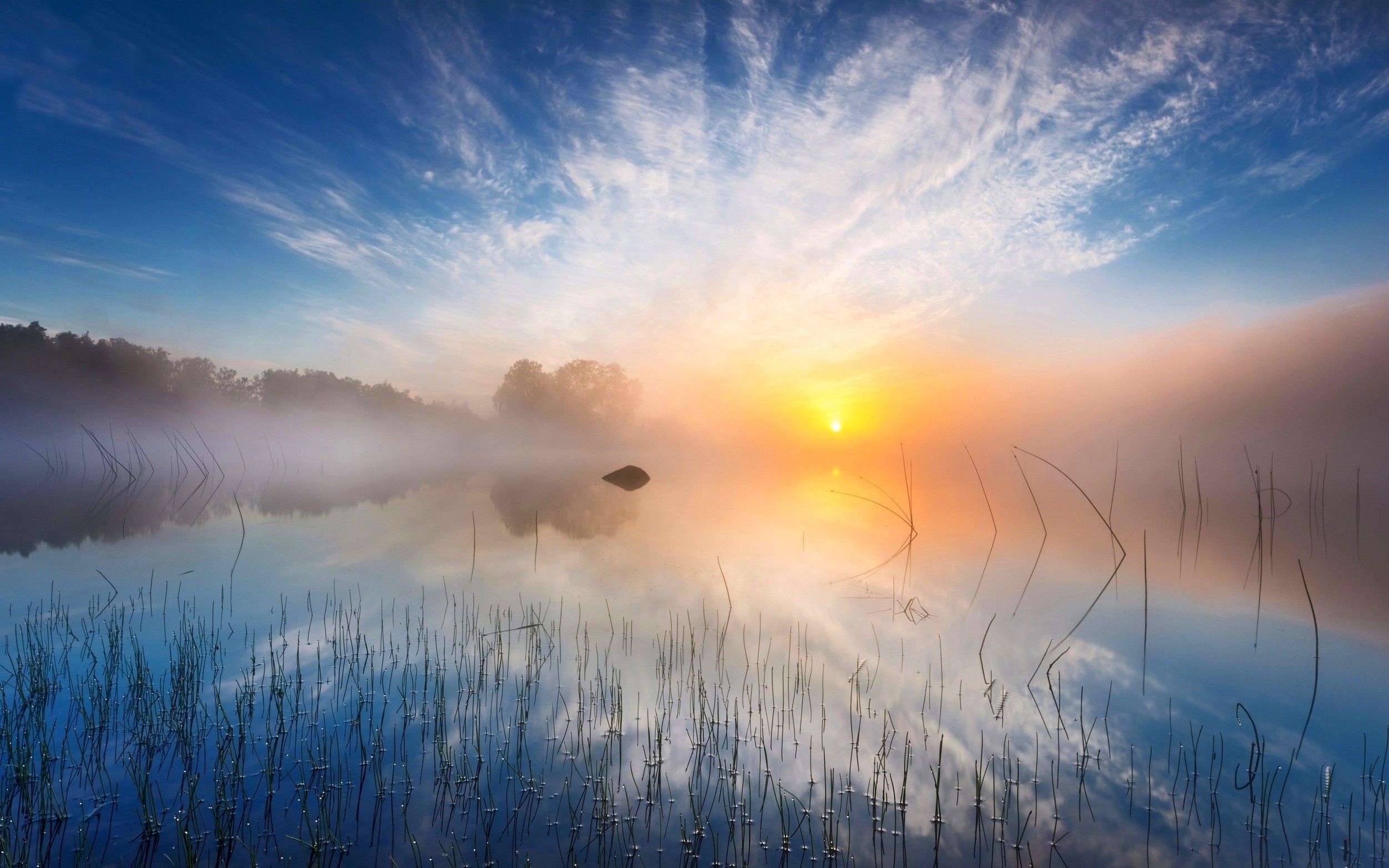 2500x1563 nature, Landscape, Sunrise, Sunlight, Morning, Lake, Mist, Sweden, Water,  Yellow, White, Blue Wallpapers HD / Desktop and Mobile Backgrounds